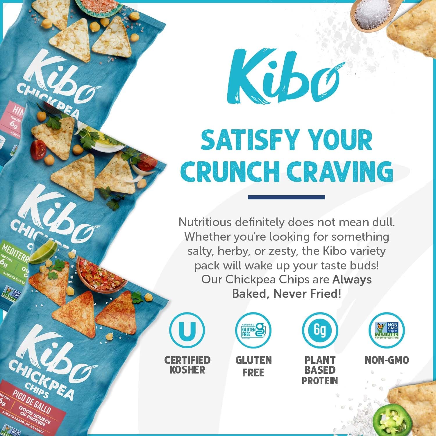 Kibo Chickpea Chips 3 Flavor Variety Pack - High Protein & Fiber, Plant-Based, Gluten-Free, Non-GMO, Vegan Snacks - Made with Real Vegetables - 1oz Bags (6 Pack) - Perfect for Healthy Snacking, Lunchboxes, and On-the-Go Nutrition