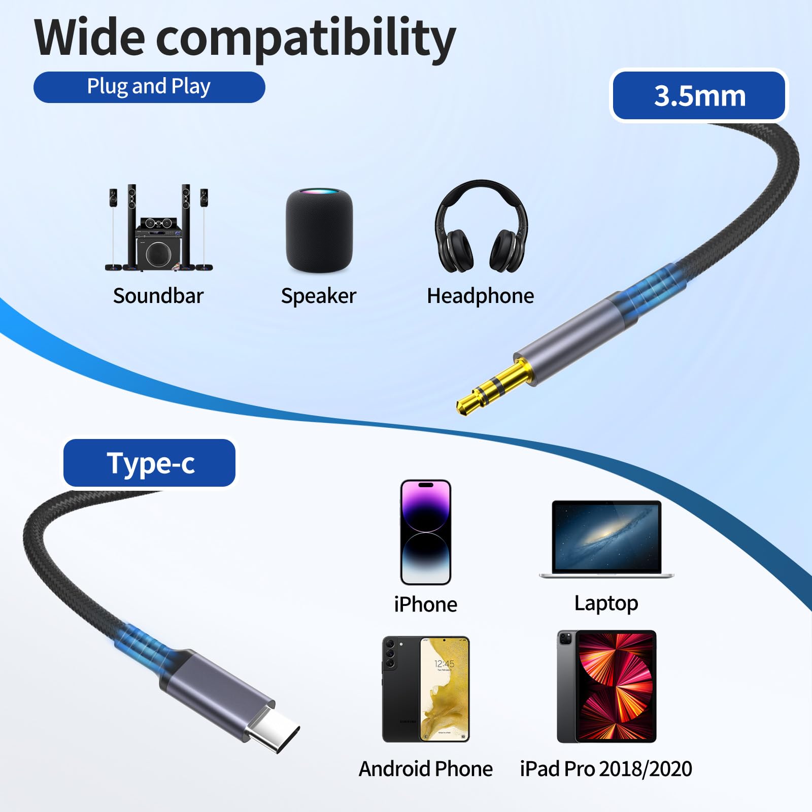 USB C to 3.5mm Aux Audio Cable 4.3ft - Type C to Headphone Jack Adapter for iPhone 16/15 Pro Max, Samsung Galaxy S24/S23/S22/S21, Pixel 4/5 XL - Car Audio, Home Stereo & Mobile Device Connectivity