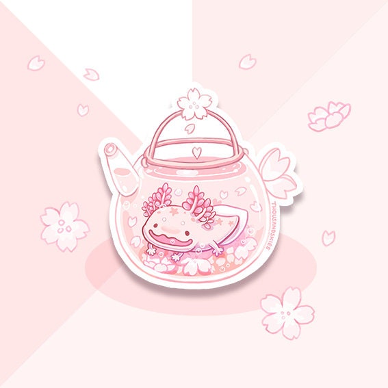 Cherry Blossom Axolotl Tea Vinyl Sticker - Waterproof Decal for Laptop, Water Bottle & Phone - Cute Kawaii Japanese Aesthetic Stickers for Scrapbooking & Journaling