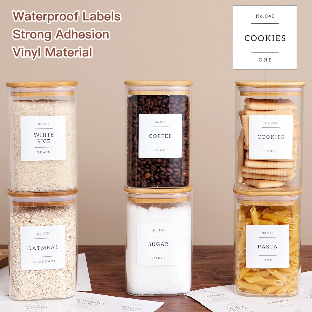 6-Pack 35oz Square Glass Food Storage Jars with Airtight Bamboo Lids & 132 Pantry Labels - Kitchen Canisters for Coffee, Tea, Spices, Cookies - Perfect for Pantry Organization & Home Decor
