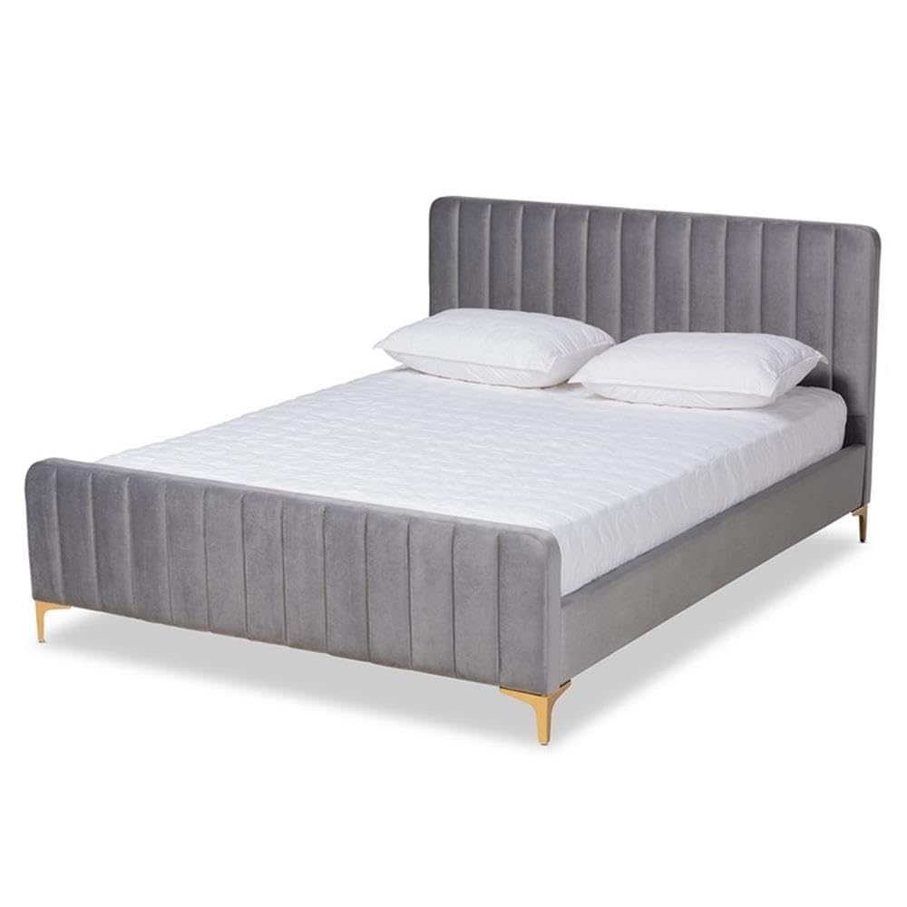 BOWERY HILL Grey Fabric Upholstered Queen Size Platform Bed with Gold Finish - Modern Bedroom Furniture for Small Spaces & Guest Rooms