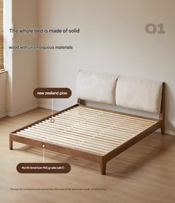 Solid Oak Wood Bed Frame with Soft Fabric Upholstered Headboard - Queen Size, Modern Minimalist Design for Bedroom, Guest Room, or Dorm