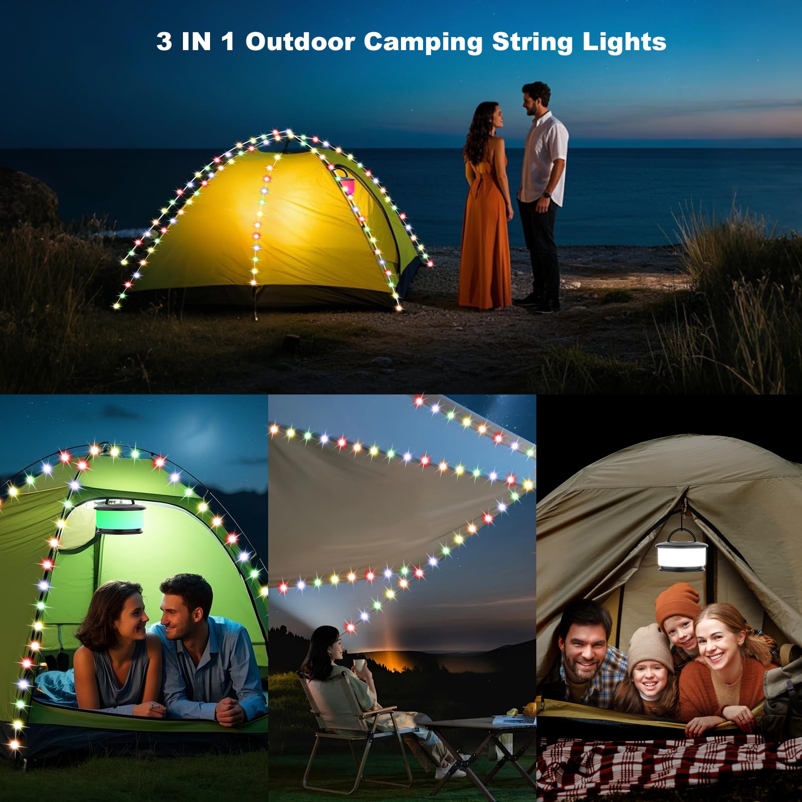 **19 Lighting Modes 32.8FT Rechargeable Camping String Lights - Outdoor Retractable LED Tent Lights for Camping, Party, Christmas & Backyard Decor (Black)**    **Perfect for:** Camping trips, garden parties, holiday decorations, backyard gatherings, and cozy outdoor ambiance.