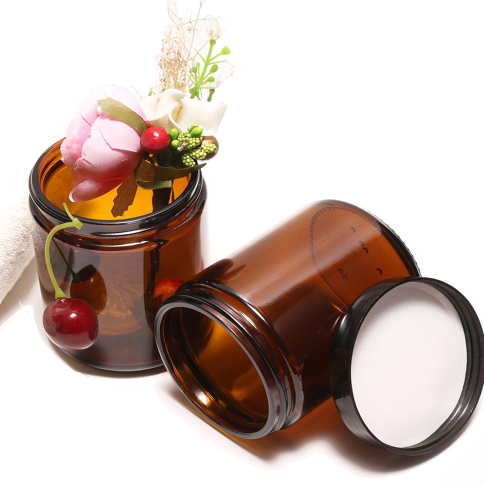 8oz 2-Pack Amber Glass Candle Jars with Black Lids - Thick Round Empty Containers for DIY Candles, Travel Toiletries, Spices, Candy & Powder Storage - Perfect for Home, Kitchen & Crafting Projects