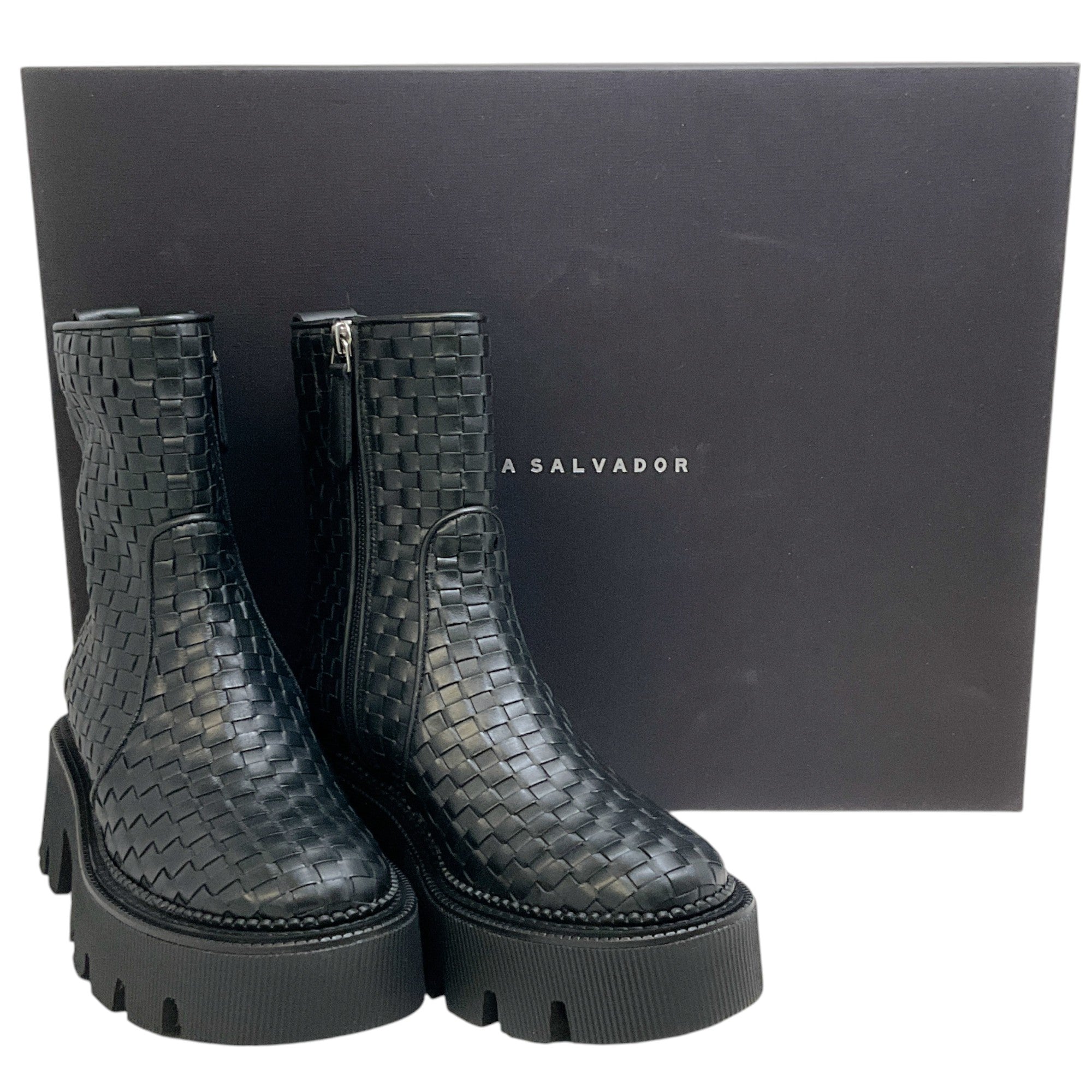 Freda Salvador Black Woven Leather Darla Lug Sole Boots - Women's Chunky Heel Ankle Booties for Fall & Winter | Perfect for Casual Outfits, Date Nights & Office Wear