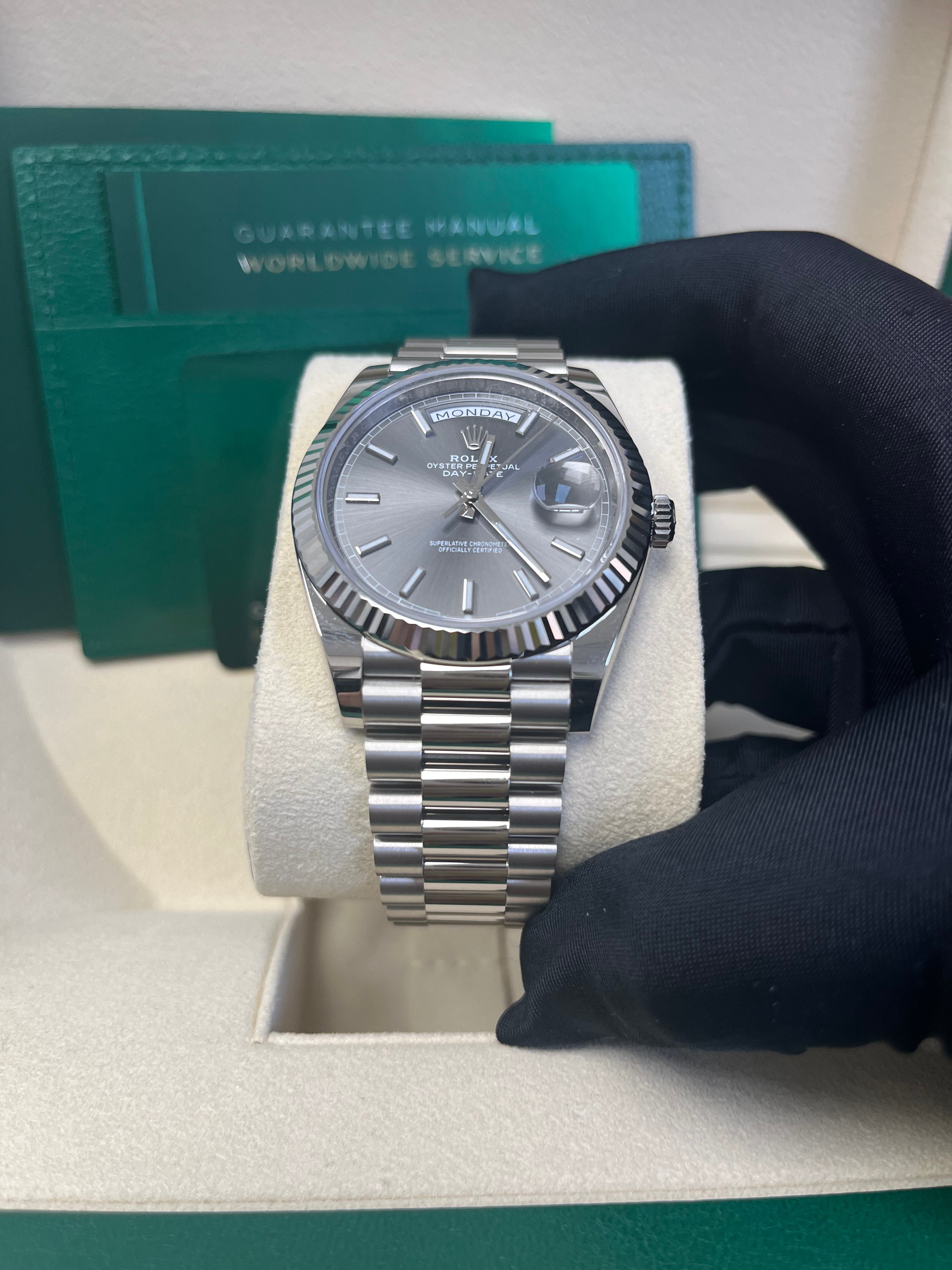Rolex Day-Date 40mm White Gold Watch with Slate Dial, Fluted Bezel & President Bracelet (Ref: 228239) - Luxury Dress Watch for Business & Formal Occasions