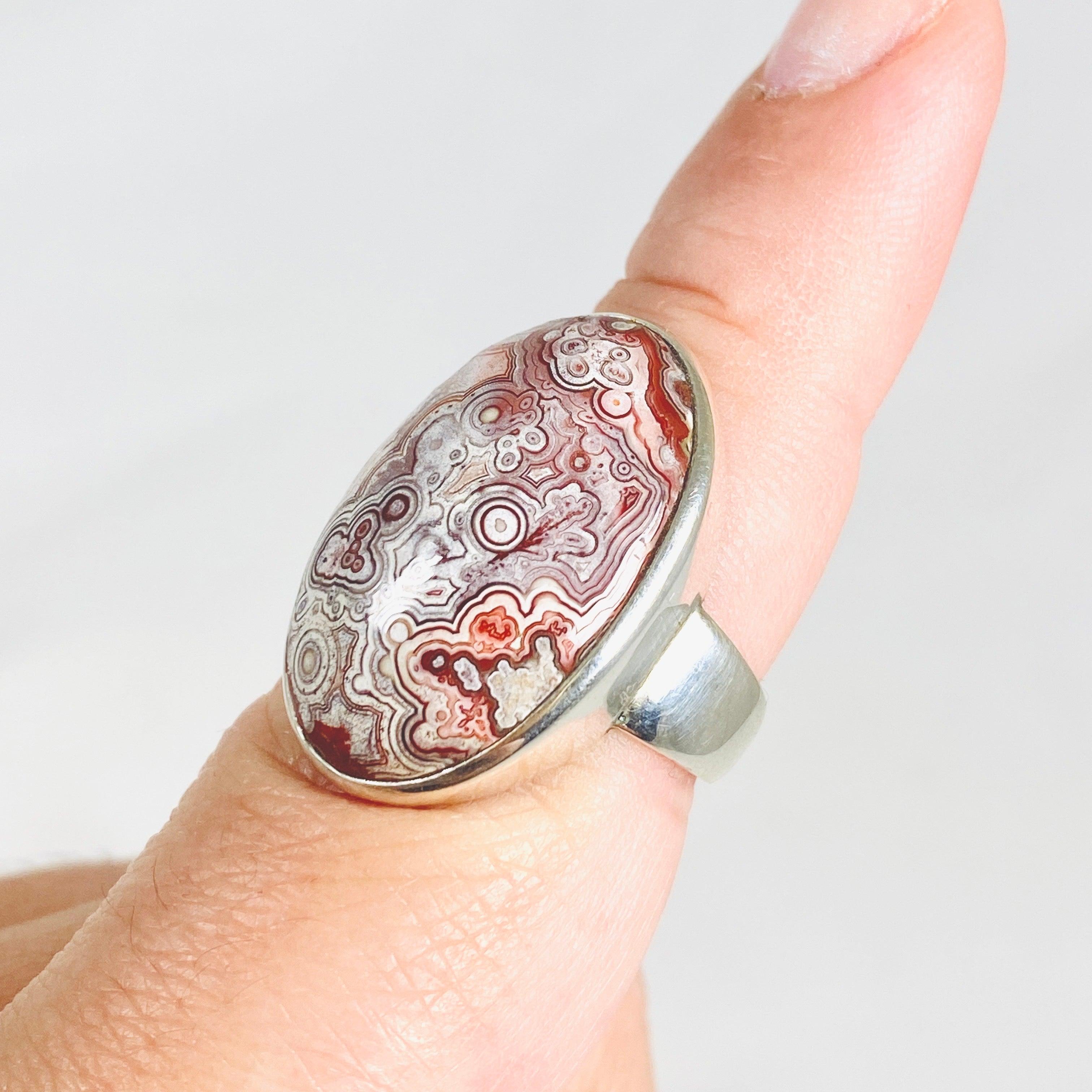 Crazy Lace Agate Oval Ring - Size 8.5 Sterling Silver Jewelry PRGJ289 | Elegant Gift for Women, Birthday & Anniversary Present