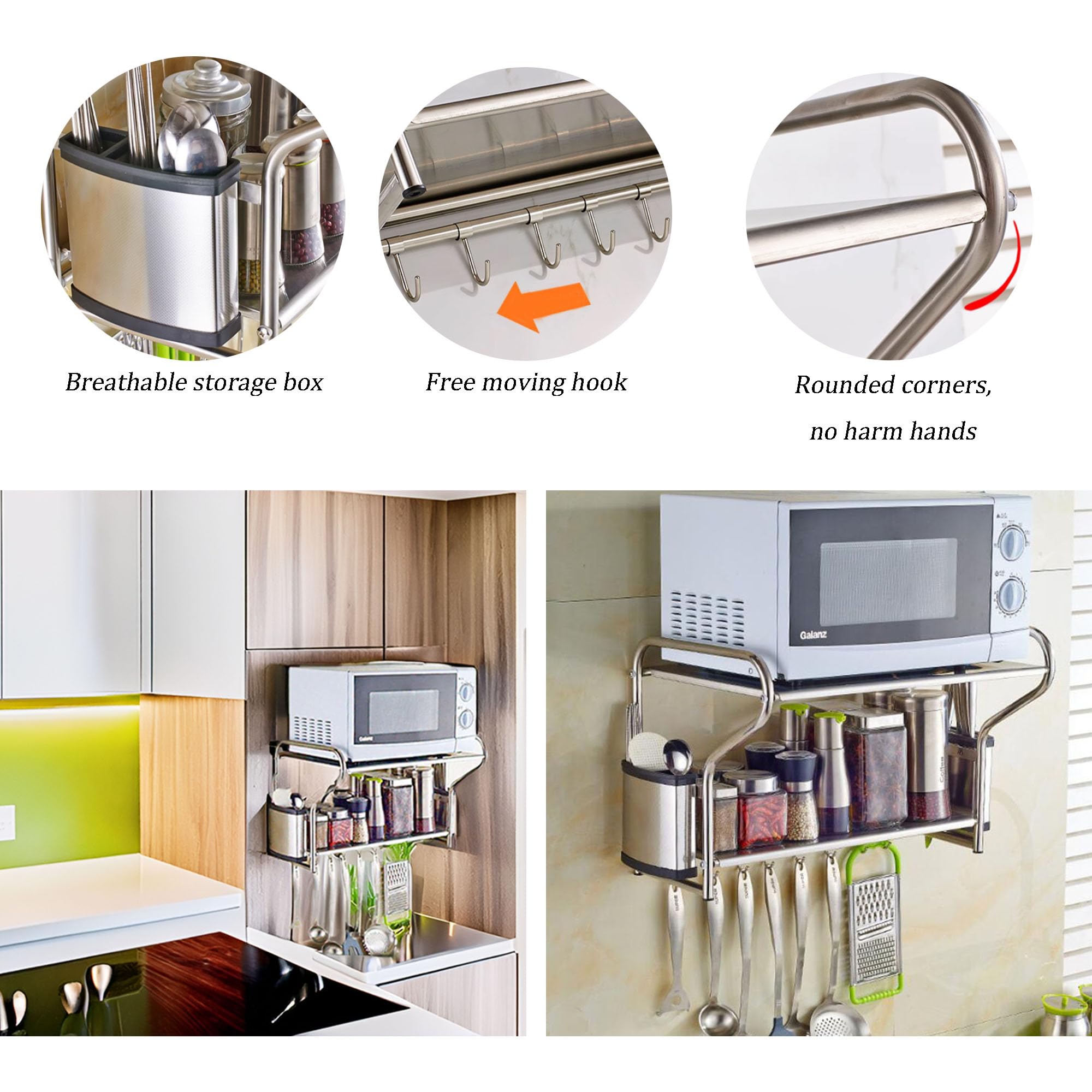 INTBUYING 2-Tier Stainless Steel Microwave Oven Rack Holder with 8 Hooks - Space Saving Kitchen Countertop Organizer for Microwave Storage | Perfect for Small Kitchens, Apartments & Dorm Rooms