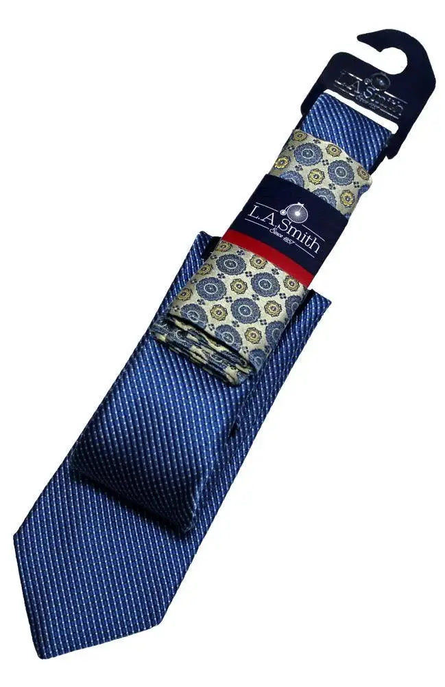 L.A. Smith Blue Medallion Silk Tie & Pocket Square Set | Premium Men's Formal Accessories for Weddings, Business & Special Occasions
