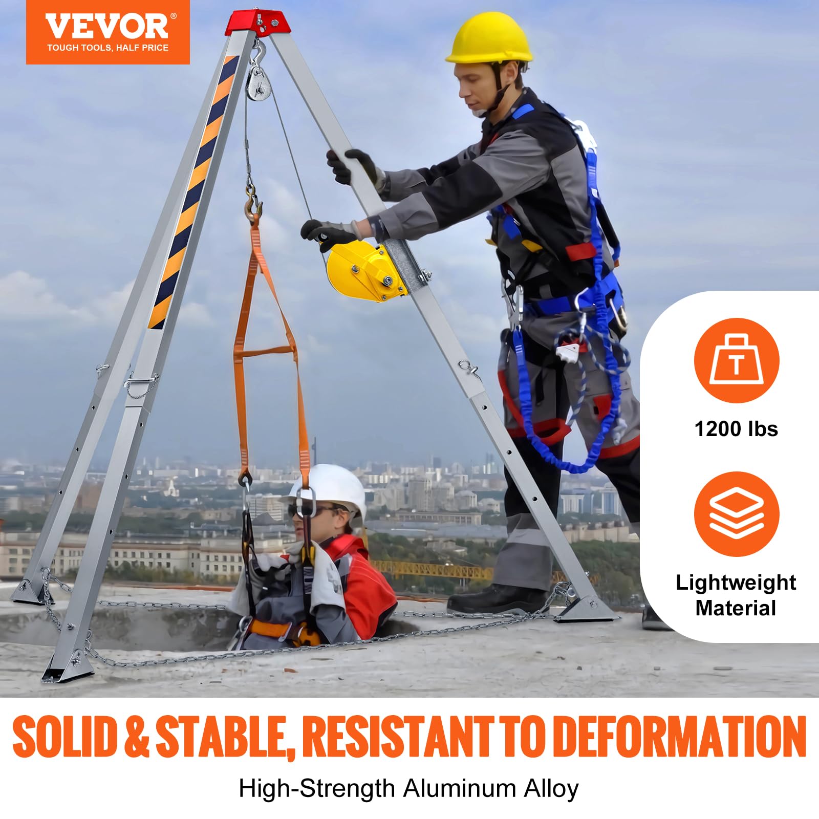 VEVOR Confined Space Tripod Kit with 1200 lbs Winch, 7' Legs & 98' Cable - OSHA Compliant Rescue Tripod System for Fall Protection, Includes Safety Harness & Storage Bag - Ideal for Industrial Maintenance, Construction Sites & Emergency Rescue Operations