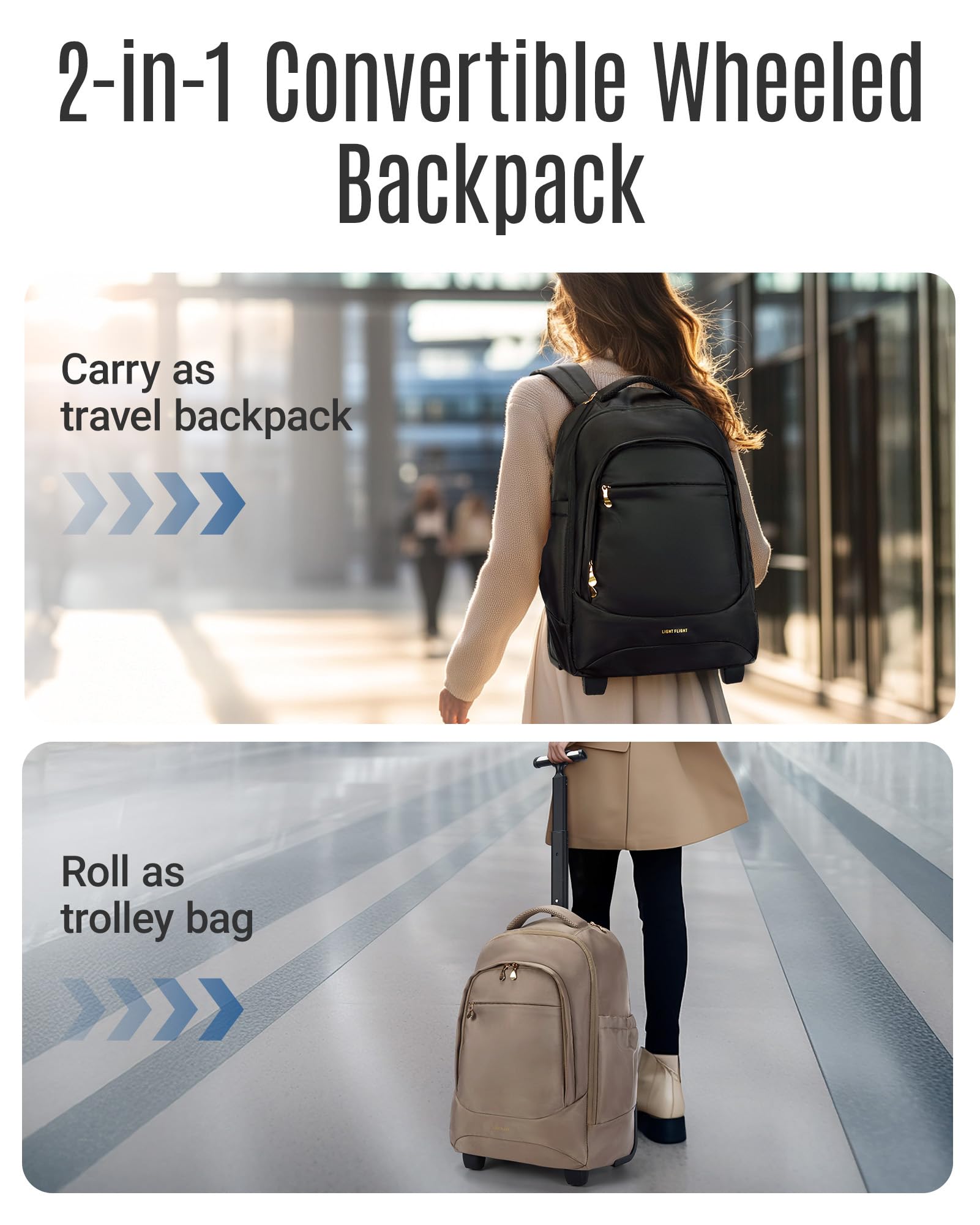 LIGHT FLIGHT Rolling Travel Backpack - Water-Resistant Wheeled Laptop Backpack for Adults & College Students, 17 Inch Large Carry-On Luggage with Wheels (Champagne Color) - Perfect for Business Trips, Air Travel & Campus Use