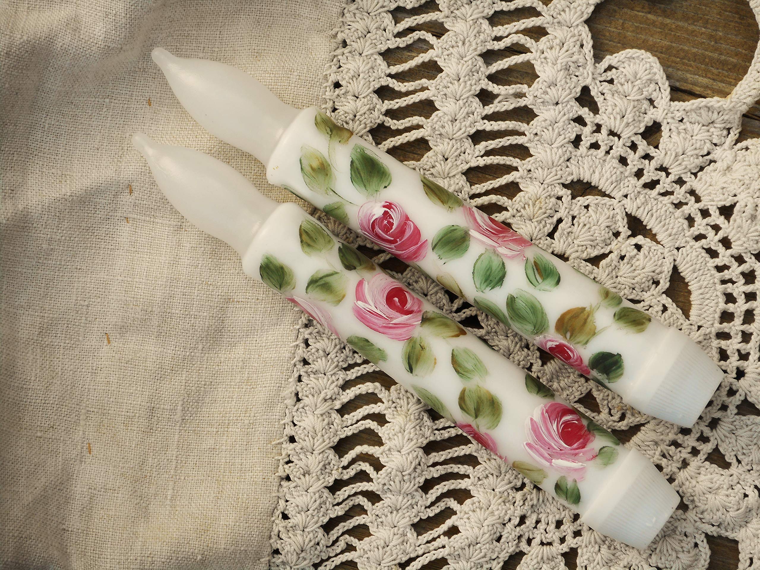 6 Inch Flameless LED Taper Candles with Hand-Painted Pink Roses - Battery Operated Romantic Decorative Candles for Wedding Centerpieces, Spring Home Decor, and Table Settings