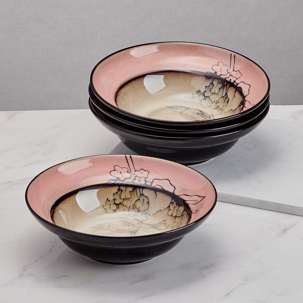 Song Bird Pink Set of 4 Soup and Cereal Bowls - Perfect for Breakfast, Lunch & Dinner - Microwave & Dishwasher Safe - Elegant Tableware for Home, Restaurant or Gift