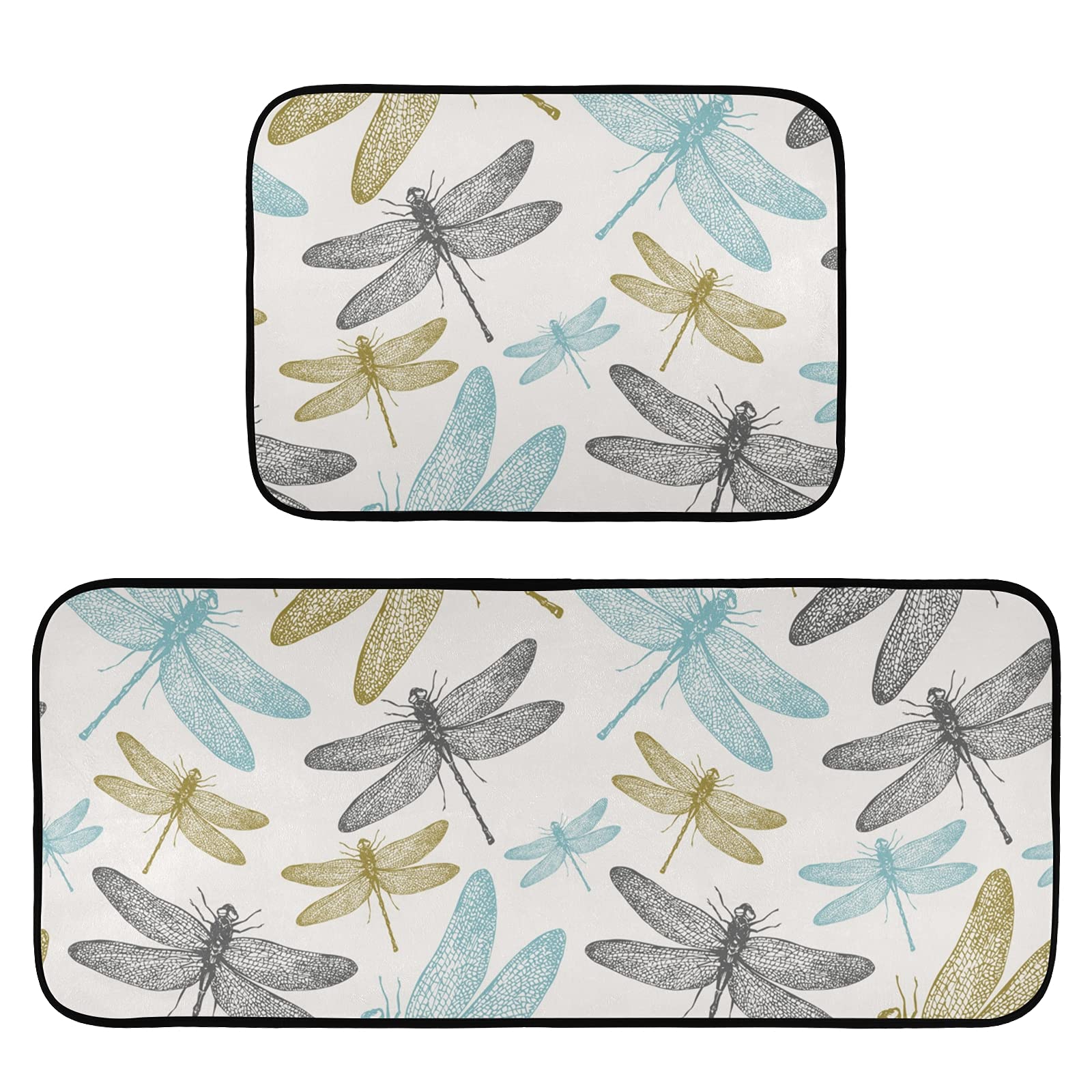 Premium 2-Piece Dragonfly Design Anti-Fatigue Kitchen Rugs - Waterproof Non-Slip Floor Mats with Comfort Elastic Cotton Layer for Kitchen, Home, Office, Laundry & Sink Areas - Perfect for Standing Comfort While Cooking, Washing Dishes or Doing Laundry