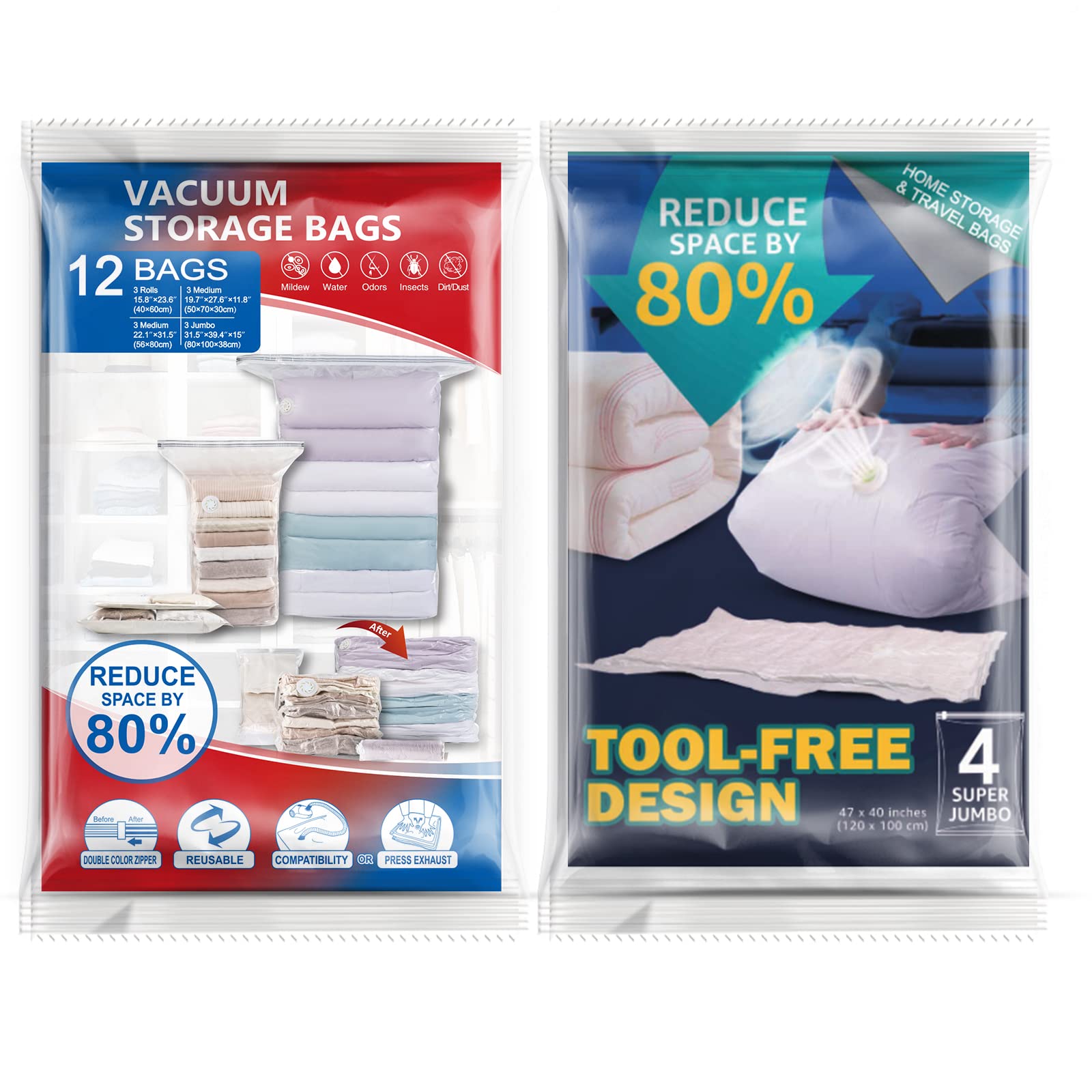 CLEVHOM Space Saver Vacuum Storage Bags Jumbo 4 Pack + 12 Pack - Vacuum Sealed Bags for Clothes, Blankets & Seasonal Items - Save 80% Space - Perfect for Travel, Moving & Home Organization