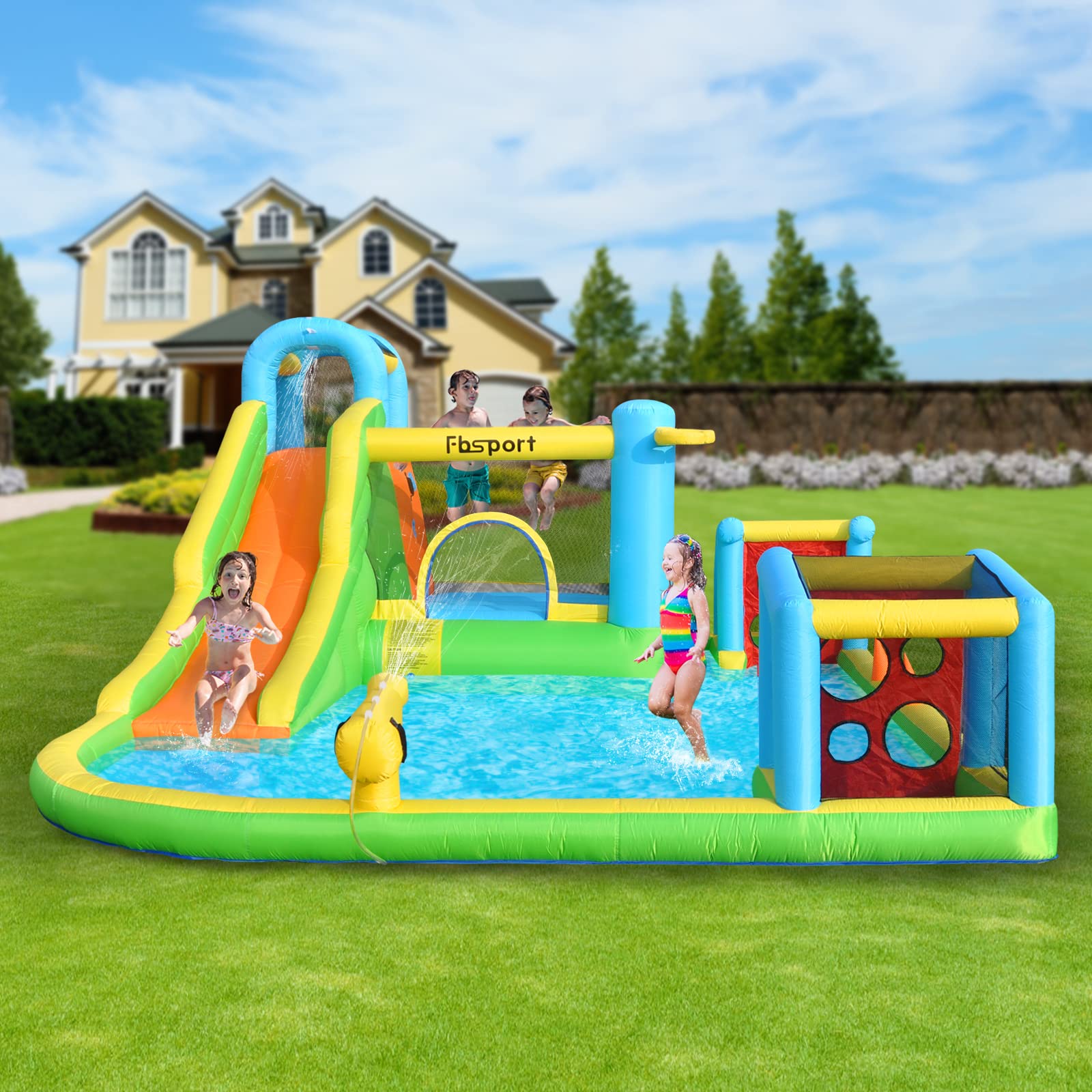 FBSPORT Inflatable Bounce House with Water Slide - 9-in-1 Kids Bouncy Castle for Indoor & Outdoor Play | Includes Blower, Football Shooting Game, Water Gun, Splash Pool & Bounce Area | Perfect for Birthday Parties, Backyard Fun & Summer Water Activities