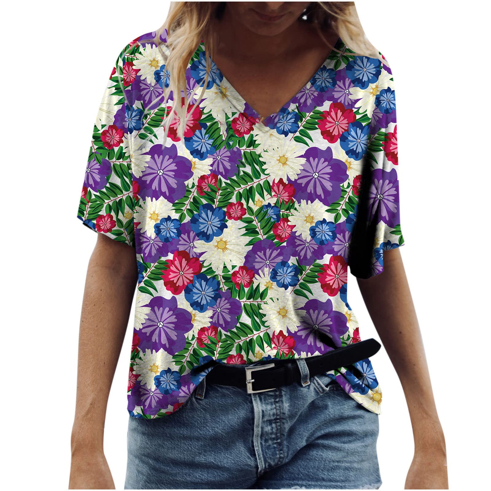HRAPDA Women's Cute Summer Tops - Trendy Short Sleeve V-Neck Blouse, Loose Fit Casual Floral Print T-Shirt Tunic for Beach, Vacation & Daily Wear