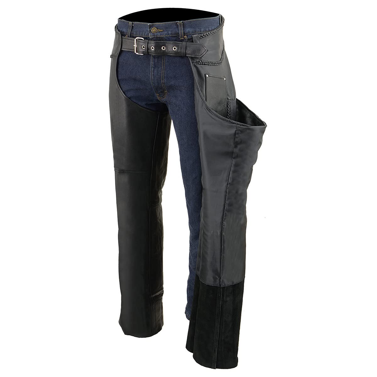 Premium Black Braided Leather Motorcycle Chaps for Men - Heavy Duty Riding Protection with Front Coin Pocket (ML1135) | Ideal for Harley, Cruiser & Adventure Biking