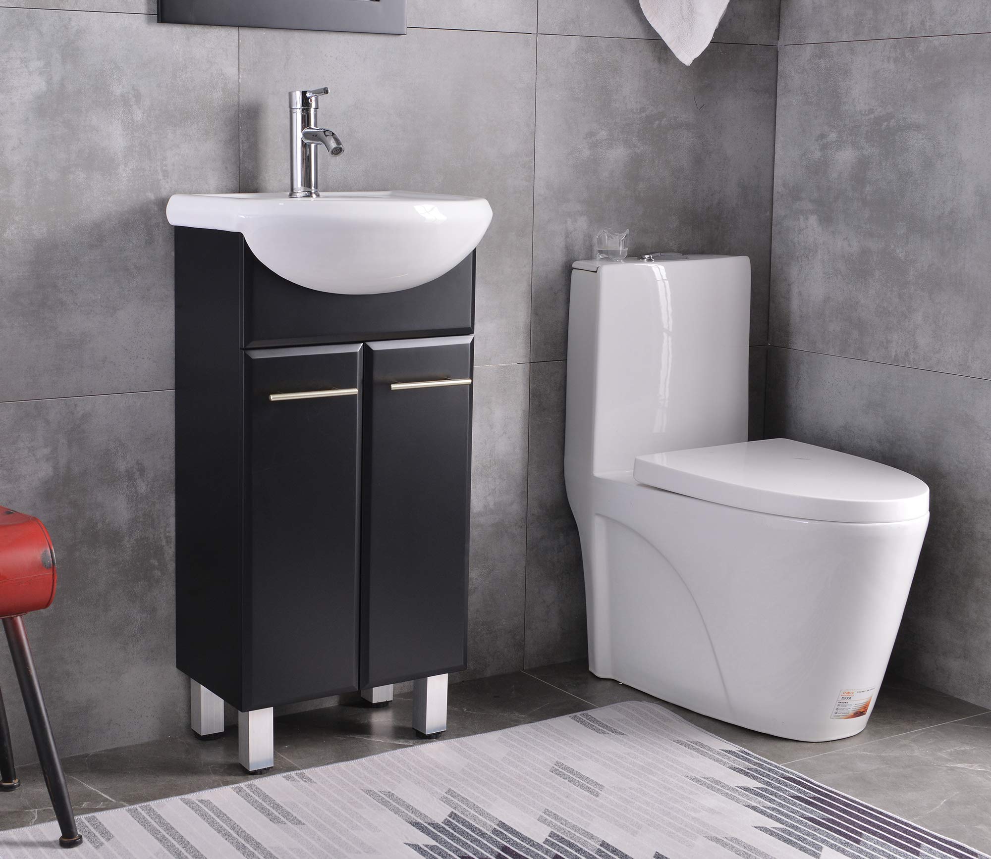 18 Inch Small Bathroom Cabinet Vanity Set with Mirror, Ceramic Vessel Sink & Faucet - Includes Drain, Black - Perfect for Powder Rooms, Guest Baths & Compact Spaces