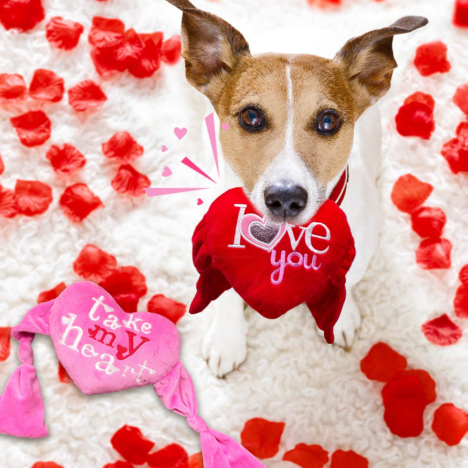 Valentine's Day Dog Toys - 2 Pack Heart Shaped Plush Squeaky Toys for Small & Medium Dogs | Perfect Valentine's Gift for Pets, Playtime & Cuddling