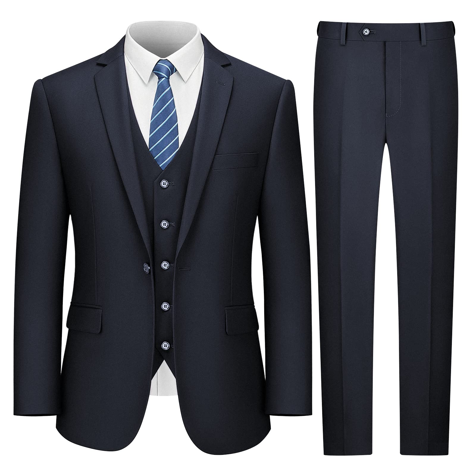 LUPURTY Men's 3-Piece Slim Fit Suit Set - Solid Color One Button Tuxedo with Jacket, Vest & Pants + Free Tie | Formal Business Attire for Weddings, Interviews & Office Wear
