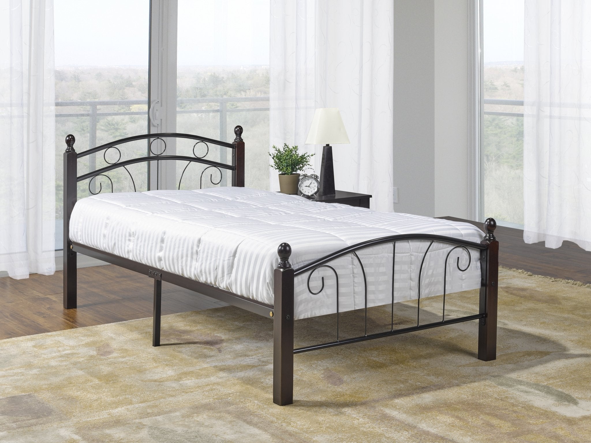 Black Metal Platform Bed Frame with Cherry Wood Posts - Modern Minimalist Bedroom Furniture for Small Spaces & Loft Apartments