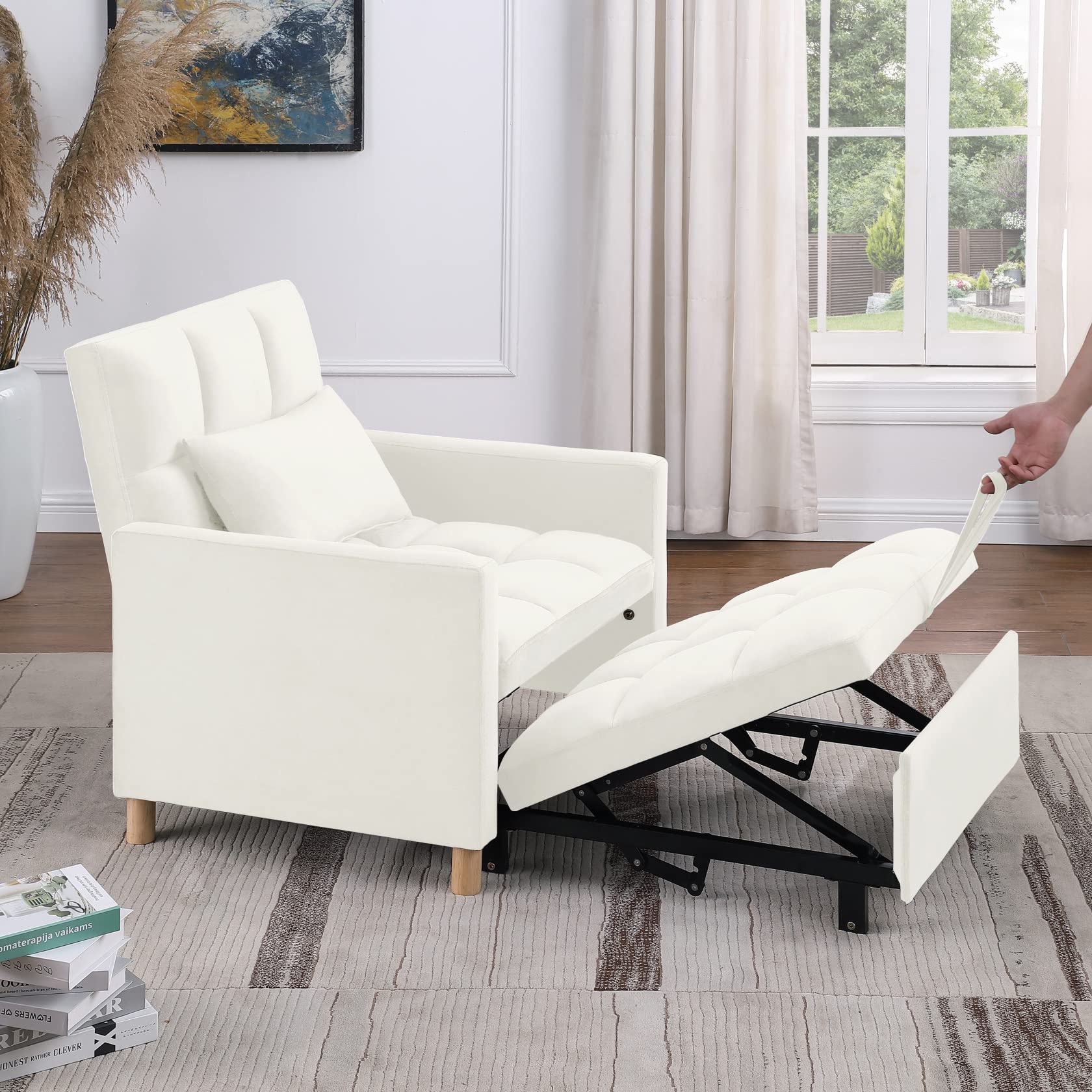 3-in-1 Convertible Sleeper Sofa Chair Bed - Adjustable Velvet Lounge Chair with Pillow for Living Room, Dorm, Apartment, Bedroom & Office | Multi-Functional Space-Saving Furniture for Small Spaces, Guest Sleeping & Relaxation | Beige