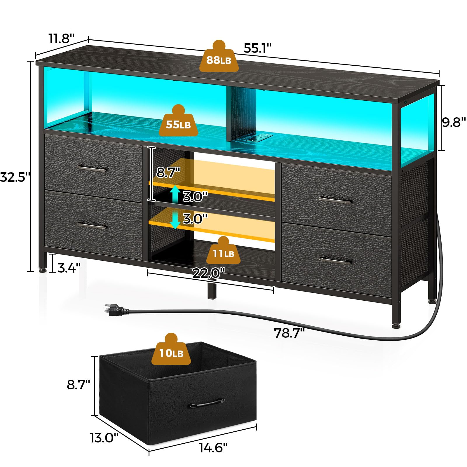 Rolanstar TV Stand with Power Outlets, LED Lights & Storage for 32-65
