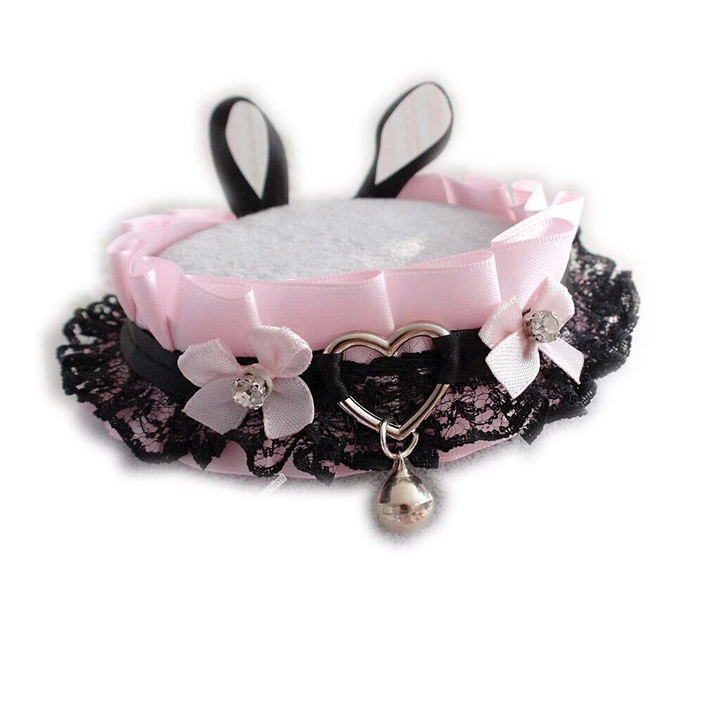 Pink & Black Lace Heart Choker Necklace with Rhinestone Bow & Bell - Kawaii Gothic Play Collar for Women - Perfect for Cosplay, Valentine's Day & Cute Aesthetic Outfits