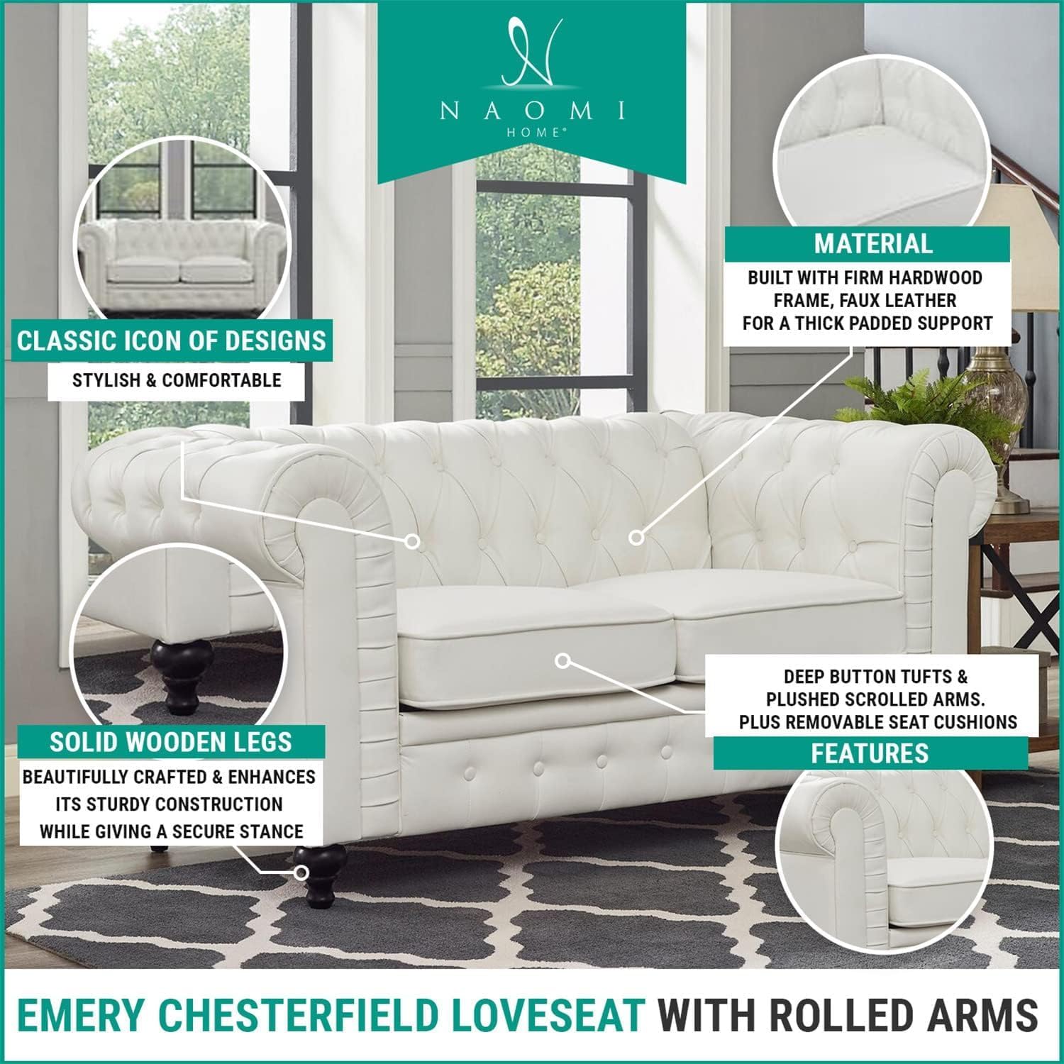 Naomi Home Emery Chesterfield Leather Loveseat - Small 2-Seater Sofa Bed with Tufted Cushions & Rolled Arms | Compact Sleeper Loveseat for Small Spaces | Perfect for Living Rooms, Apartments & Guest Rooms (Off White)
