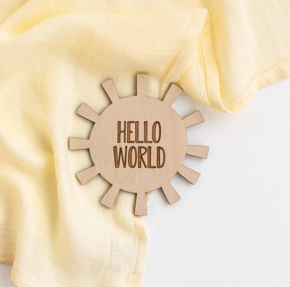 Personalized Wooden Announcement Plaque - Hello World Sun - Perfect for Baby Birth, Wedding, Graduation & Home Decor