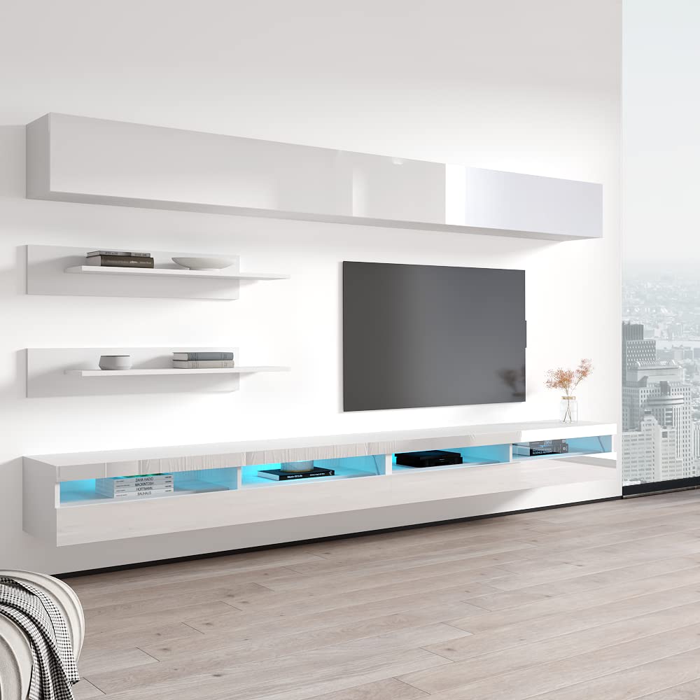 Modern Floating TV Stand with Storage & LED Lights - Wall-Mounted Entertainment Center Console for Bedroom & Living Room - 35 Inch TV Shelf Unit with Adjustable Shelves - Perfect for Small Spaces & Home Theater Setup (White)