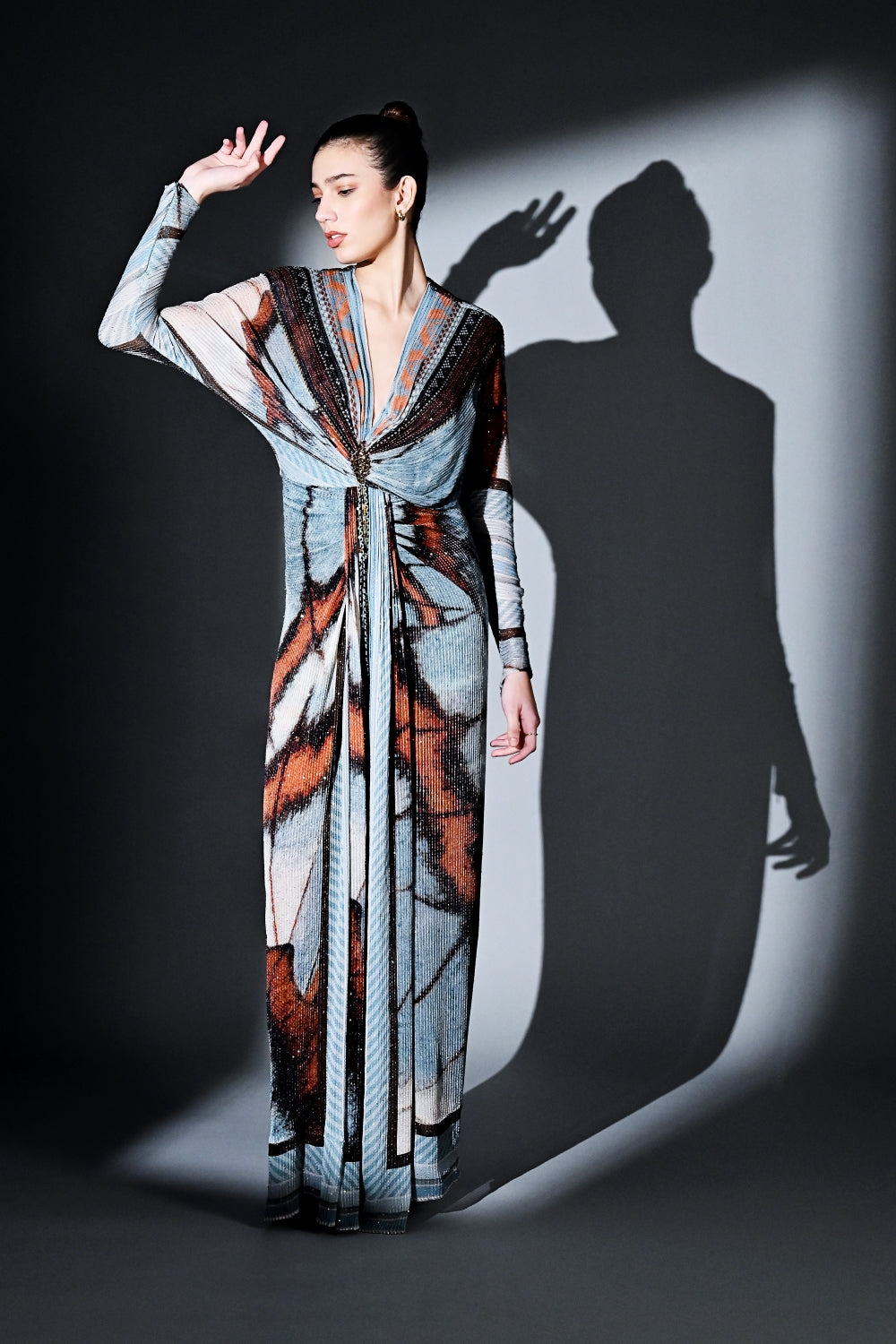 Elegant Powder Blue Butterfly Print Draped Maxi Dress for Women - Perfect for Summer Weddings, Beach Vacations & Date Nights