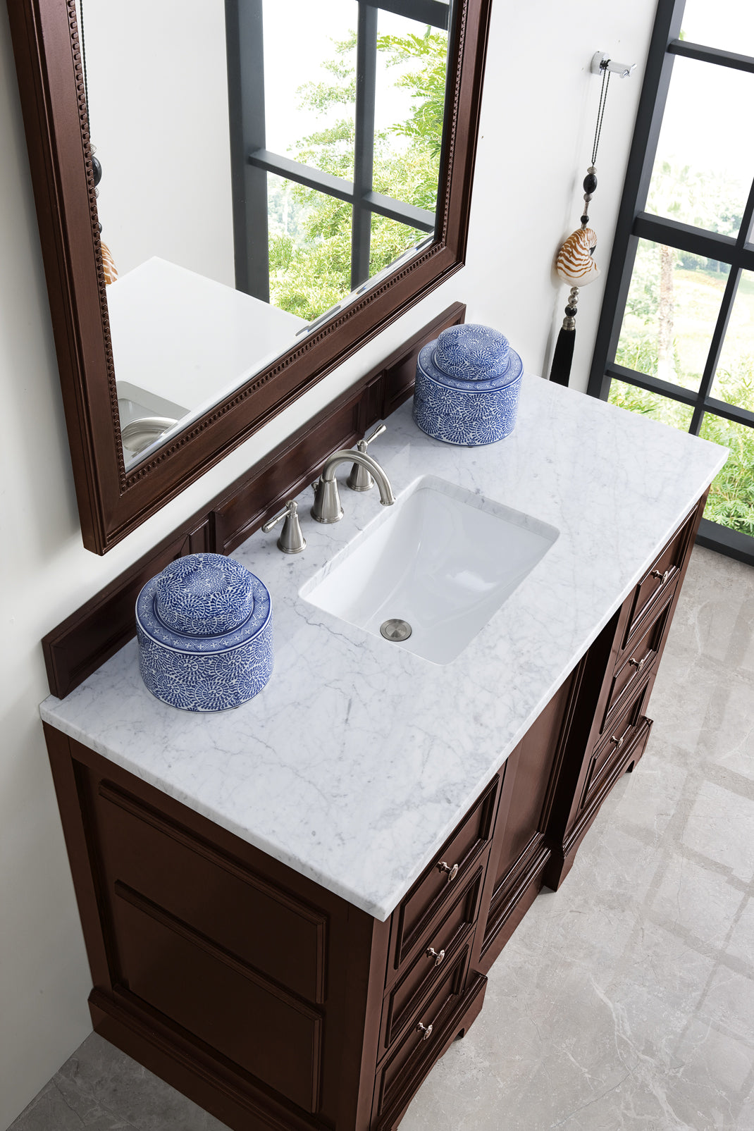 De Soto 48 Inch Single Bathroom Vanity with Burnished Mahogany Finish & 3CM Carrara Marble Top - Perfect for Modern Home Bathroom Renovation and Spa-Style Decor