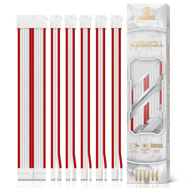 Asiahorse Snow Series Red & White PSU Extension Cable Kit - 16AWG Sleeved Custom Mod Kit (6-Piece Set) for PC Gaming, Custom Builds & Cable Management
