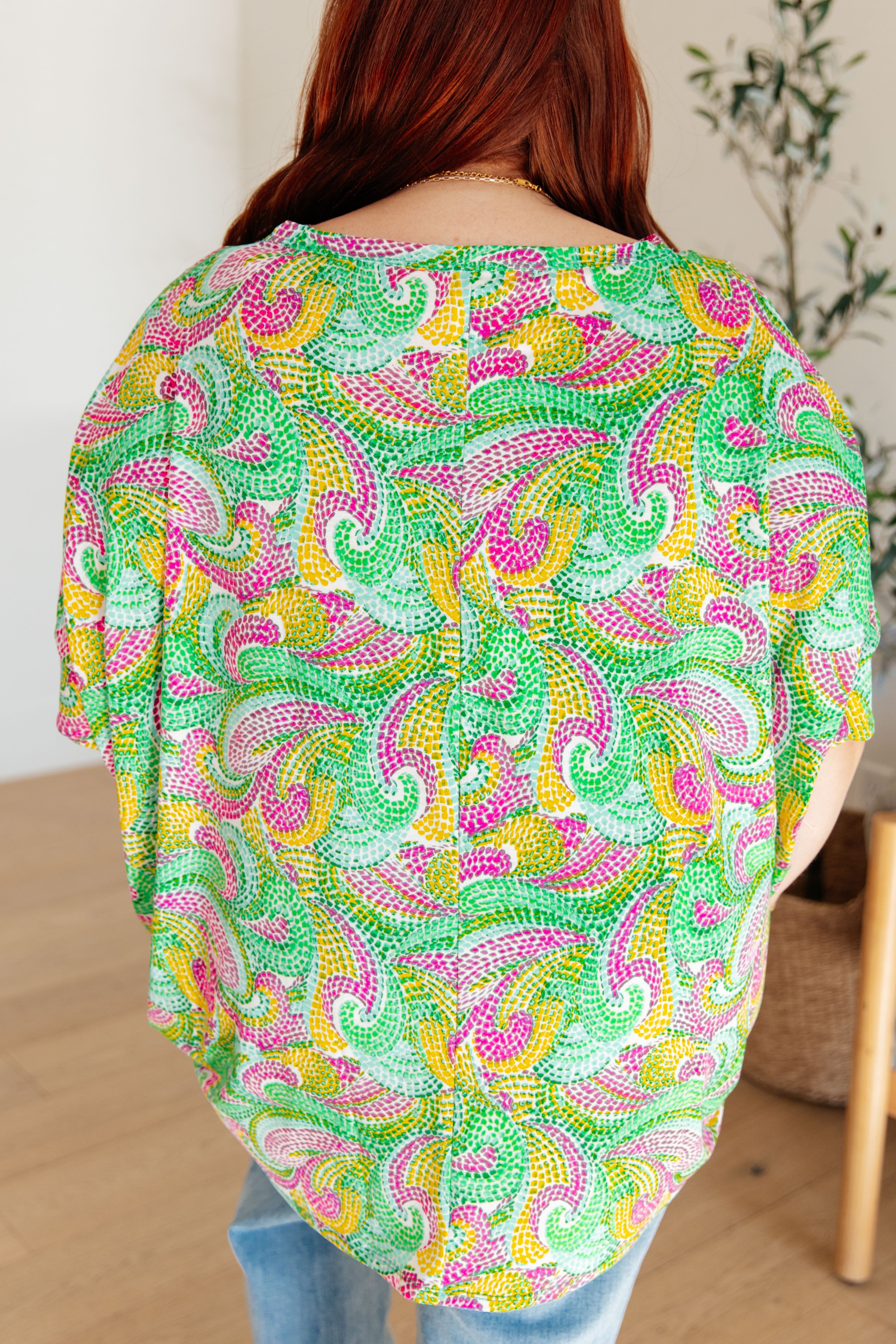 Dear Scarlett Women's Painted Green and Pink Essential Blouse - Elegant Casual Top for Work, Date Night & Spring Outfits