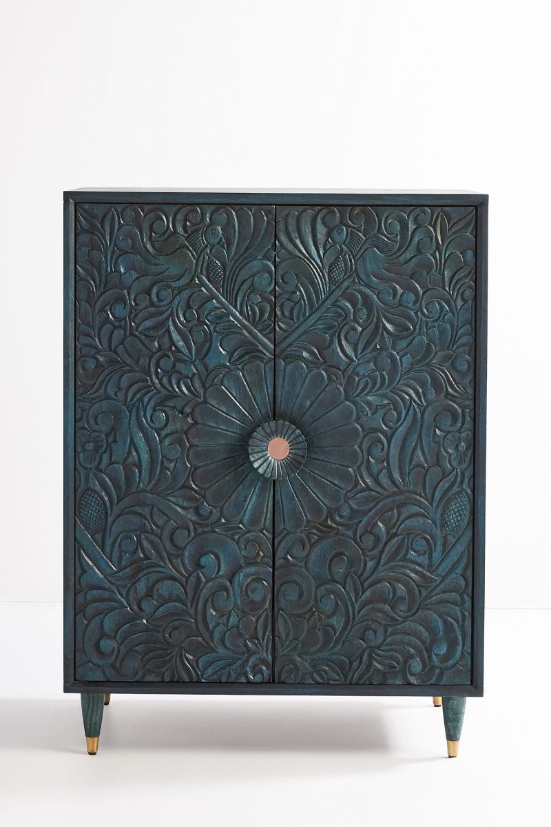 Hand Carved Wooden Gulliver Armoire Closet - Indigo Blue Vintage Wardrobe for Bedroom Storage | Perfect for Master Bedroom, Guest Room & Rustic Home Decor