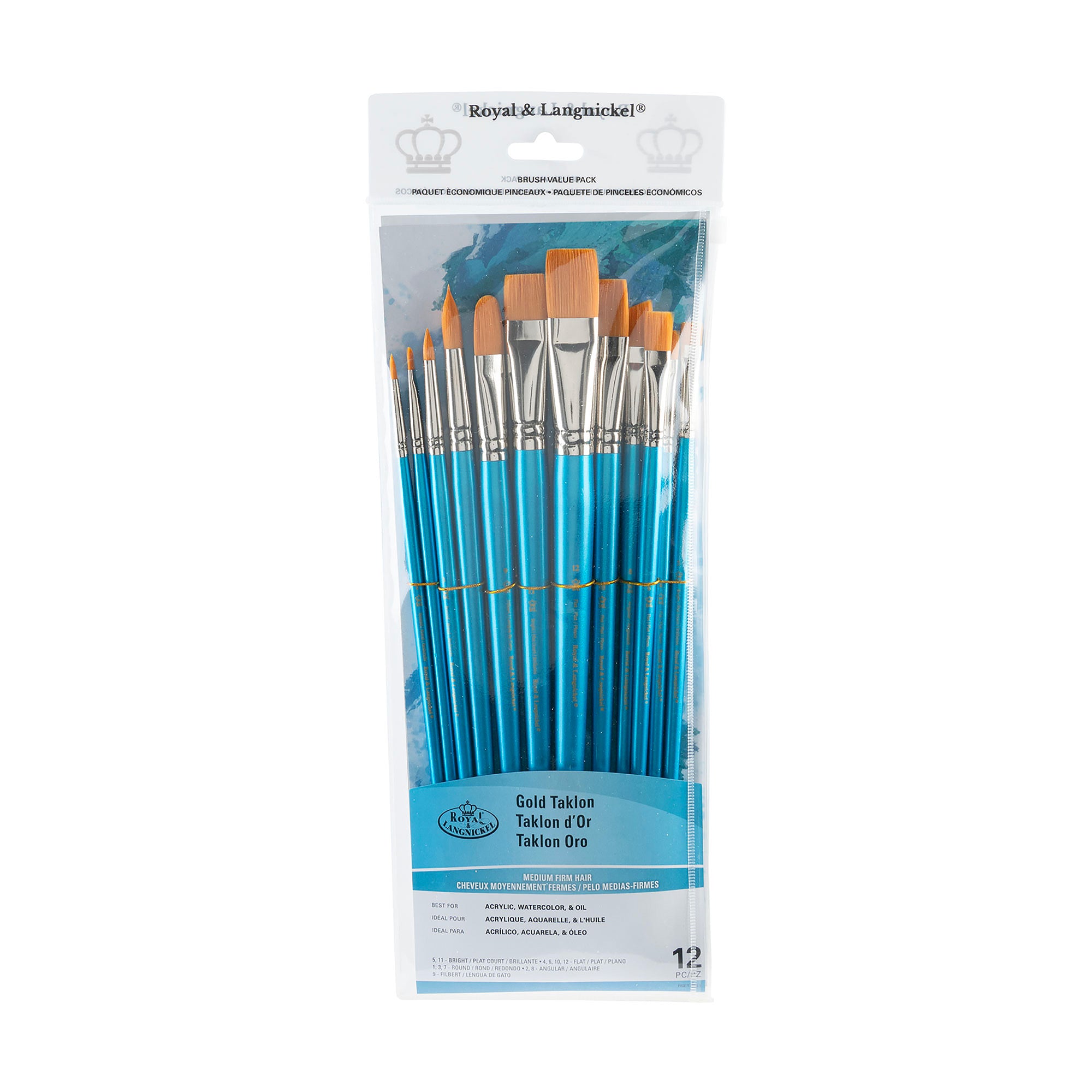 12 Pack Gold Taklon Paint Brushes - Assorted Sizes for Acrylic, Watercolor & Oil Painting - Perfect for Artists, Hobbyists & DIY Projects