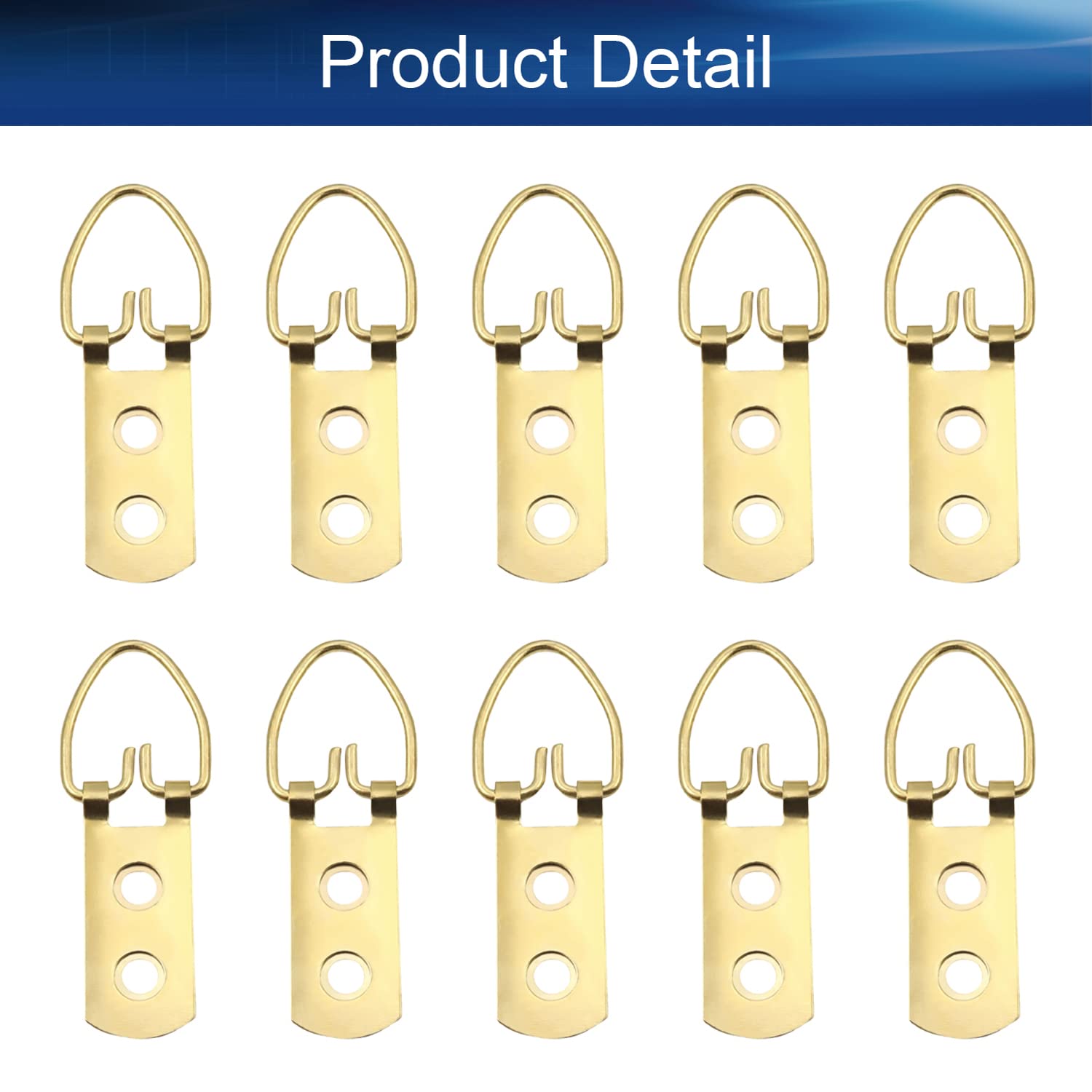 10Pcs Double Hole D-Ring Picture Hangers 52x14mm - Gold Tone Wall Hooks for Frames, Mirrors, Paintings, Artwork & Clocks - Perfect for Home Decor, Gallery Display & Office Wall Organization