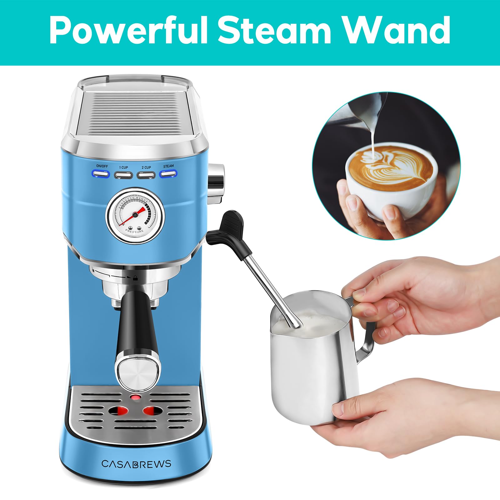 CASABREWS 20 Bar Espresso Machine with Milk Frother - Stainless Steel Professional Coffee Maker, 34oz Removable Water Tank (Baby Blue) - Perfect for Home, Office & Cafe Use