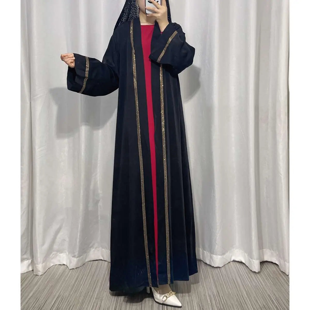 Hotfix Rhinestone Trim Muslim Women's Cardigan Open Abaya Dress - Elegant Islamic Fashion for Prayer, Wedding & Special Occasions