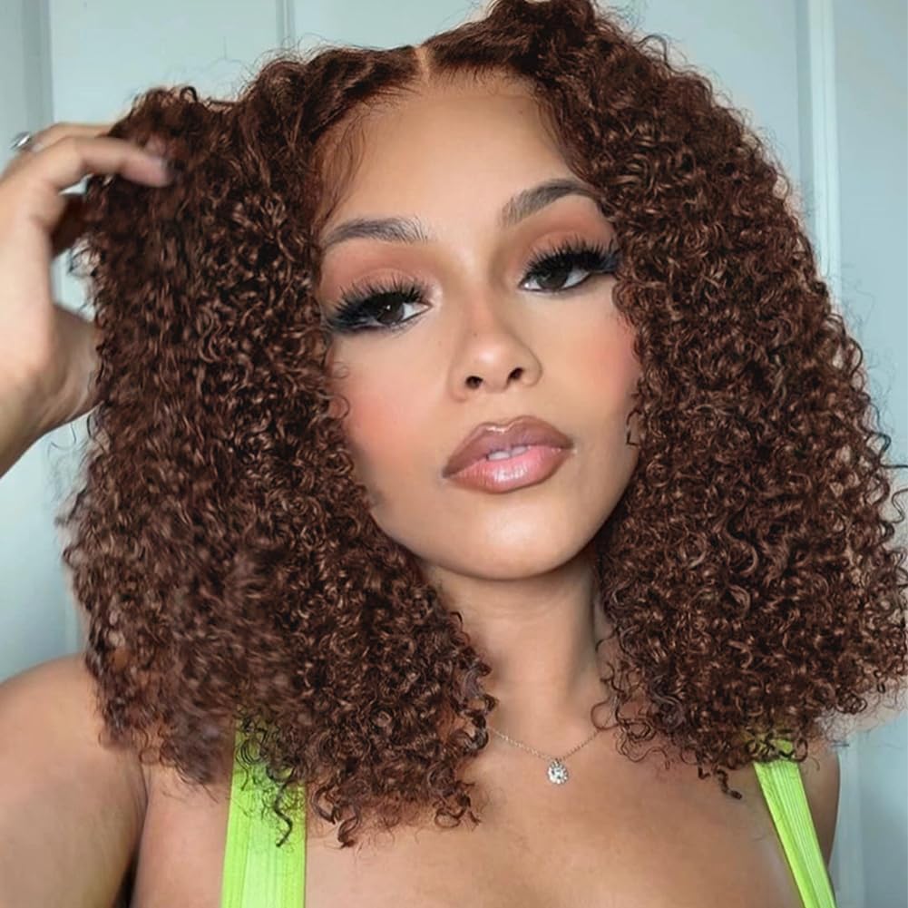 FTQZKEY 14 Inch Chocolate Brown Short Curly Lace Front Wig Human Hair for Black Women - 13x4 Pre-Plucked with Baby Hair, 180% Density Water Wave Lace Wig - Perfect for Daily Wear, Cosplay, and Special Occasions
