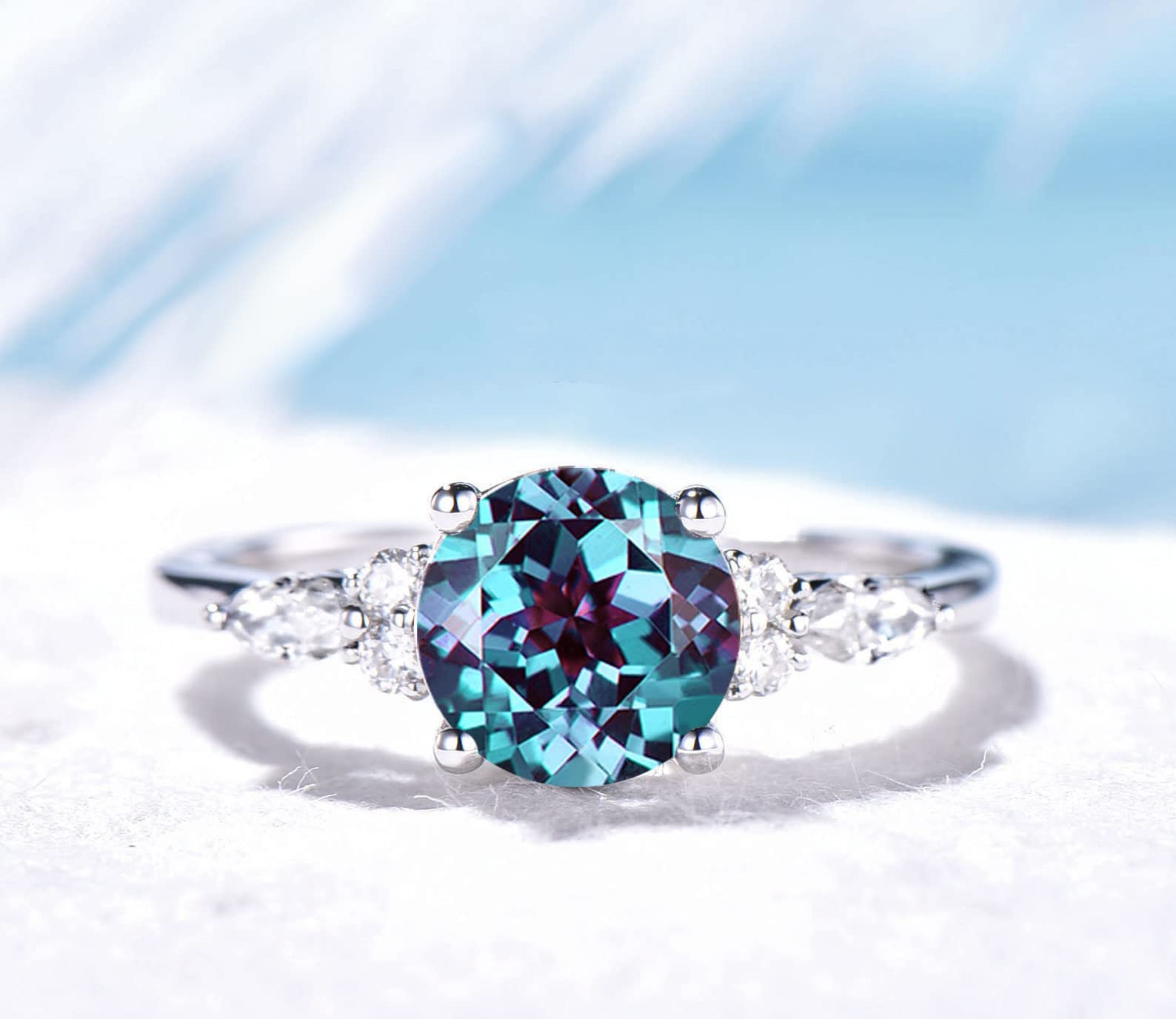 7mm Round Cut Color-Change Alexandrite Engagement Ring - Sterling Silver/10K/14K/18K Solid Rose Gold | June Birthstone Wedding Ring, Healing Gemstone Jewelry for Women | Perfect for Proposals, Anniversaries & Birthday Gifts | Includes Gift Box