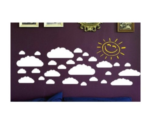 Big Fluffy Clouds with Smiley Sun Nursery Wall Decal Kit - Glow in the Dark Switch Plate Sticker Included | Perfect for Baby Room Decor & Kids Bedroom Wall Art