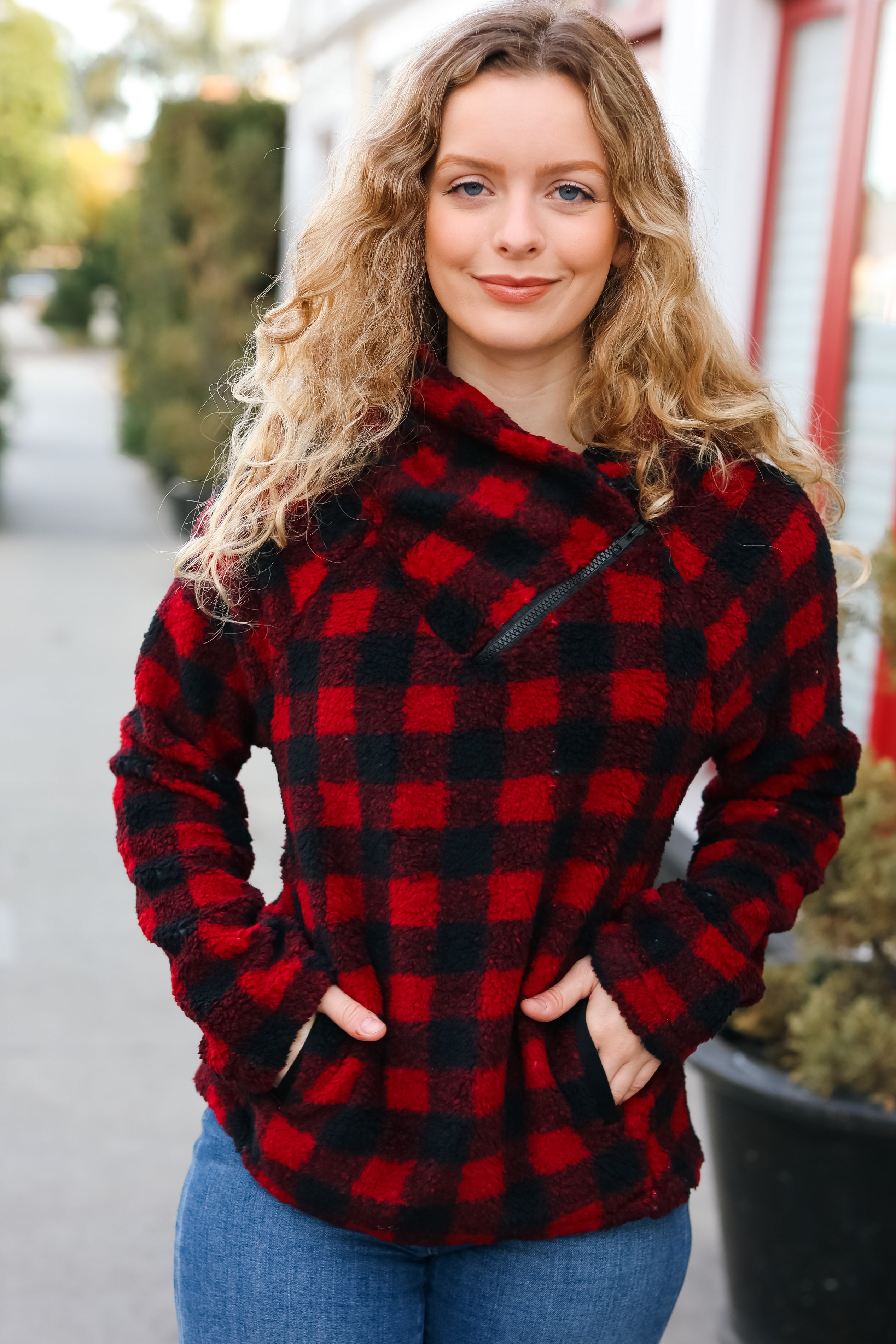 Cozy Red Sherpa Plaid Asymmetrical Zip Sweater Top for Women - Winter Fashion Layering Piece for Casual Outfits & Outdoor Activities