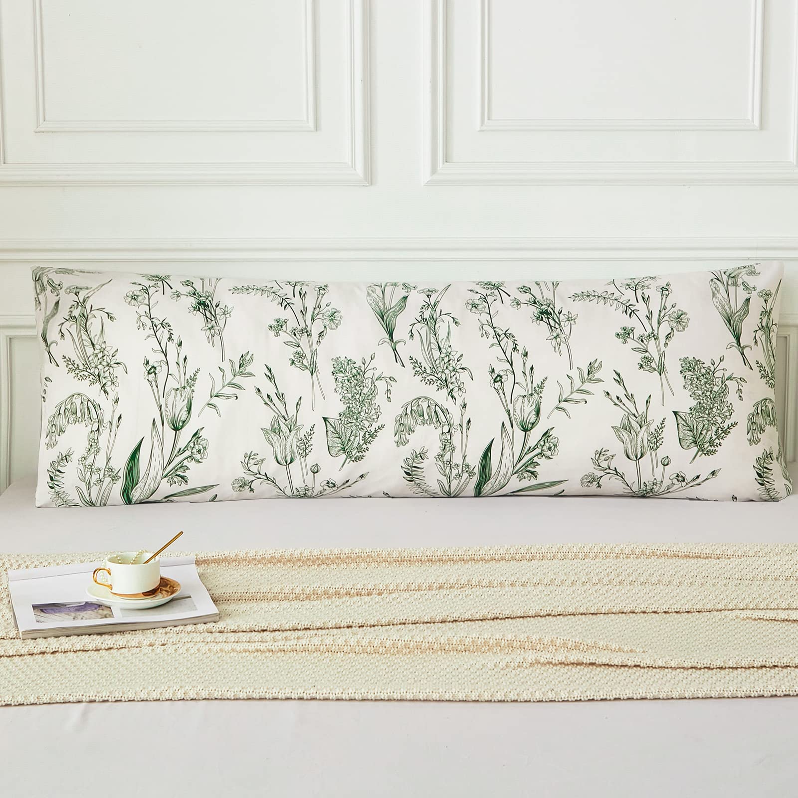 20x54 Inch Dark Green Floral Body Pillow Cover with Pocket Closure - Country Style Farmhouse Decor for Sofa, Bed & Dorm - Soft Long Body Pillow Case Featuring Branch & Flower Pattern