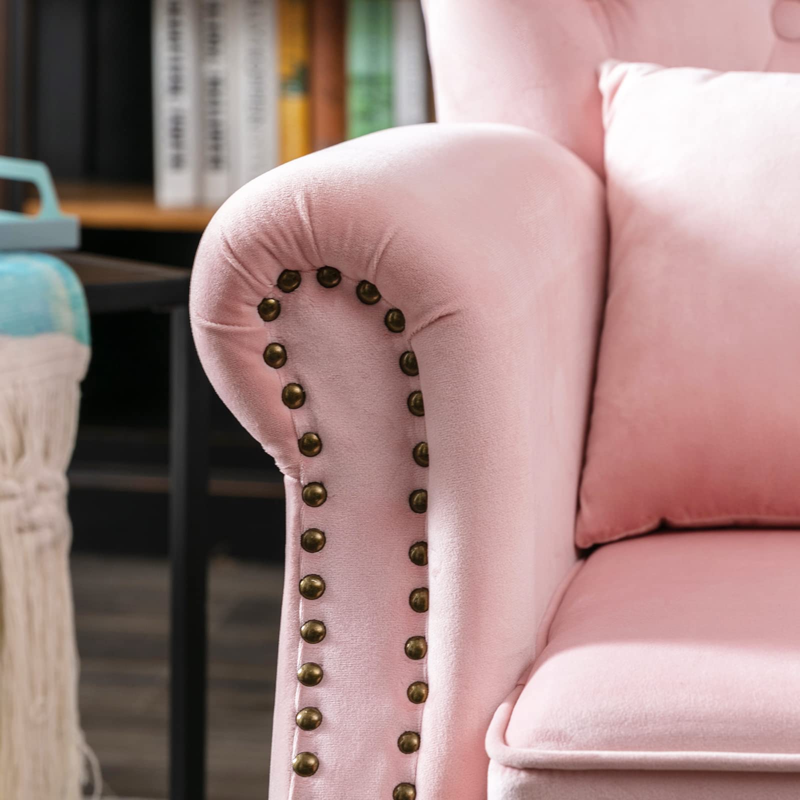 Mid-Century Modern Accent Reading Arm Chair - Velvet Pink Wingback Club Chair with Button Tufted Back & Lumbar Pillow - Comfy Corner Sofa for Living Room, Bedroom, Office Waiting Area - Perfect for Relaxing, Reading & Lounge Spaces