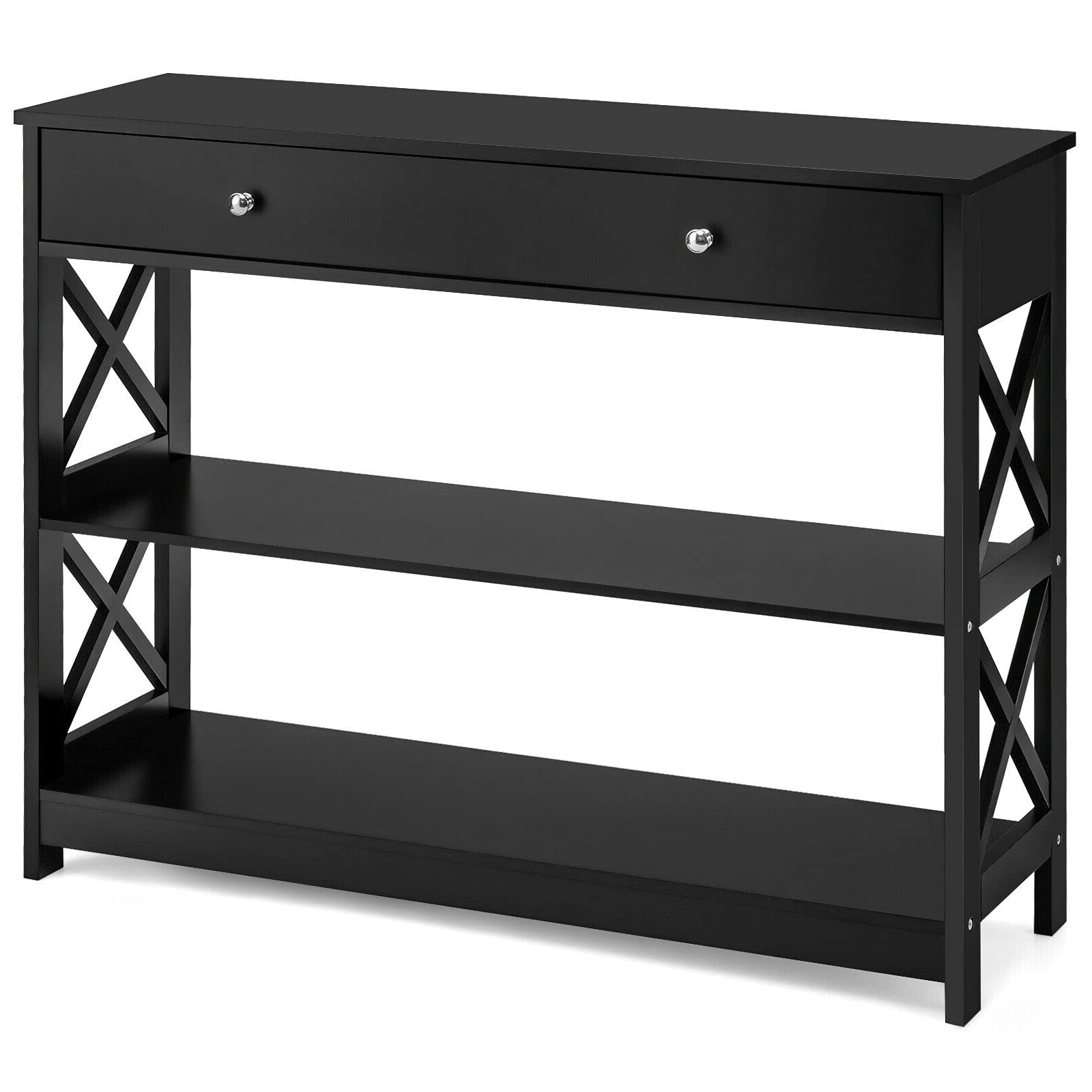Black 3-Tier Entryway Console Table with Large Drawer & 2 Storage Shelves - Hallway Sofa Side Table, TV Stand, Bookshelf for Living Room, Bedroom - Perfect for Organizing Books, Photo Frames, Toys, Keys & Sunglasses