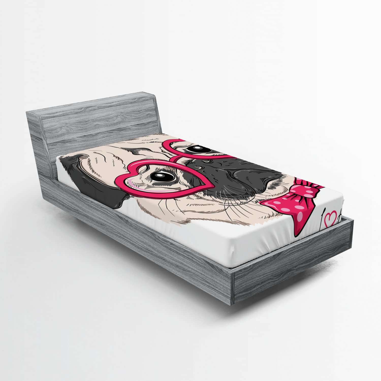 Ambesonne Pug Fitted Sheet - Twin Size, Pink Grey White | Dog Lover Bedding for Cozy Sleep