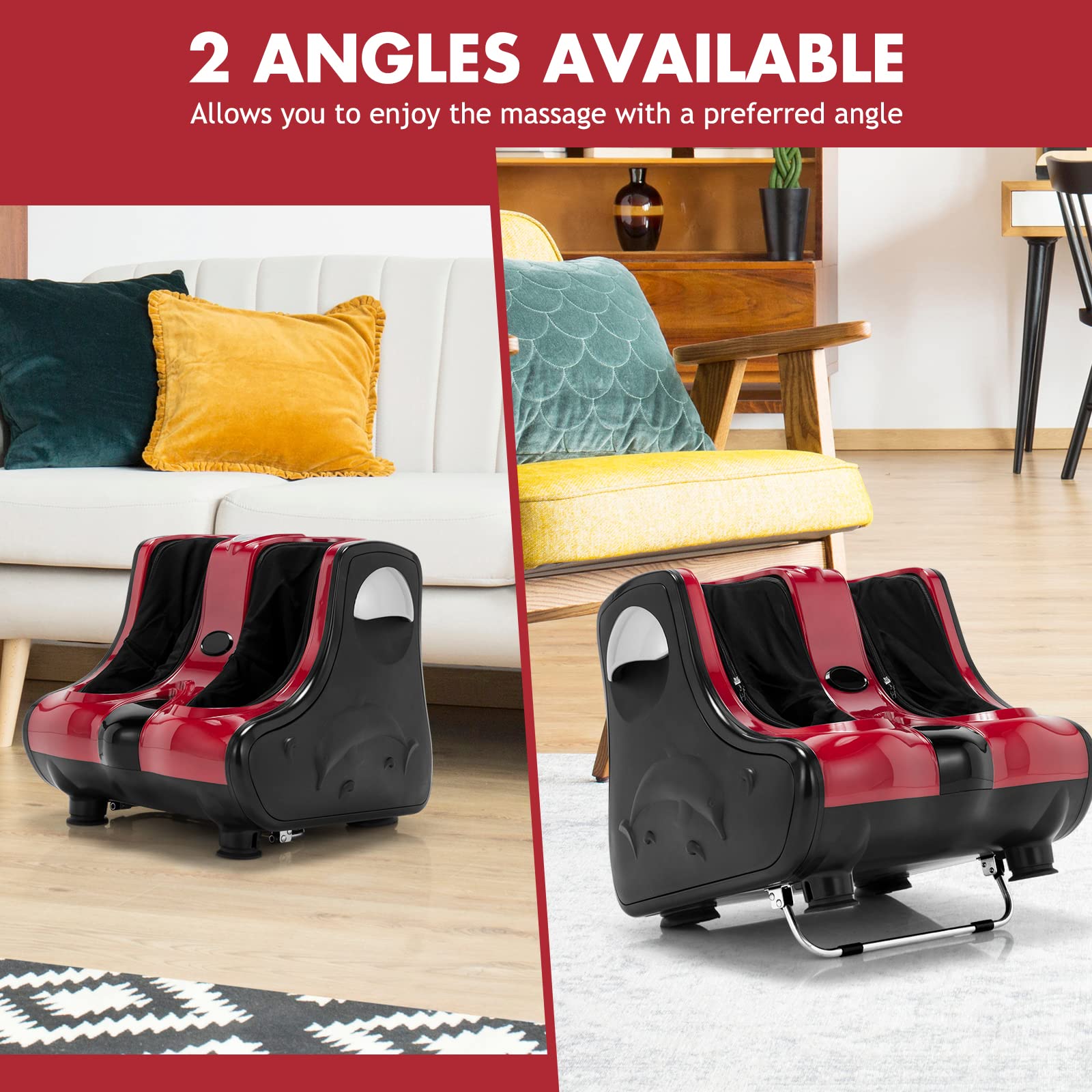 RELAX4LIFE Shiatsu Foot and Calf Massager with Heating - Kneading, Vibration & Rolling Massage Machine for Pain Relief - Adjustable Speed & Tilt Base - Perfect for Home, Office and Post-Workout Relaxation (Red)